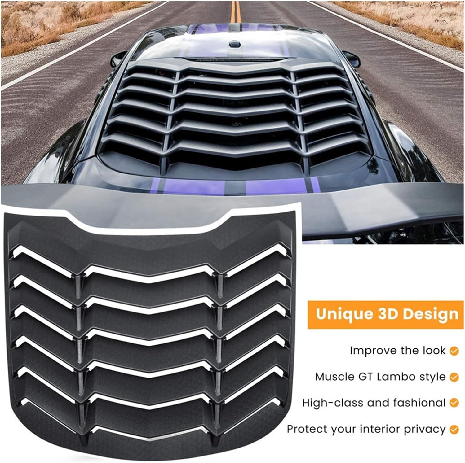 Rear+Side Window Louvers Compatible for Ford Mustang 2015-2021 Windshield Sun Shade Cover Vent GT Lambo Style Custom Fit All Weather ABS