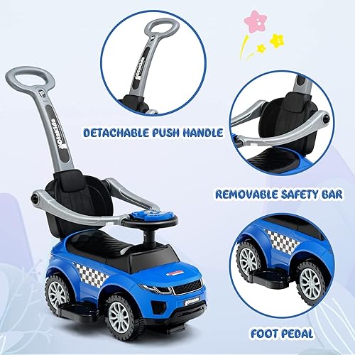 Miniatura 4 de OLAKIDS Coche de empuje 4 en 1, cochecito para niños pequeños, juguete deslizante para caminar con cuerno, música, luces, barandillas y asa