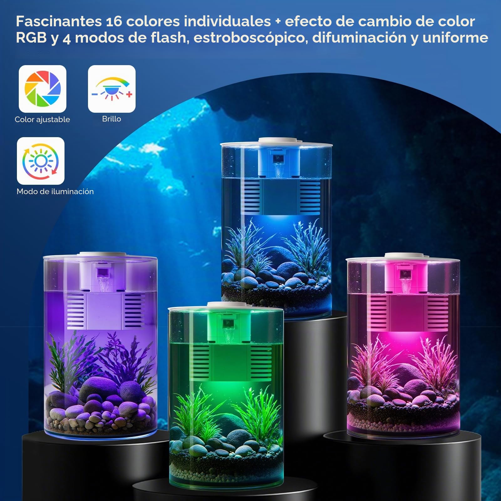 Acuario con filtro e iluminación LED, multicolor, 11 l/3 galones completo frasco de peces, pequeño acuario de 360 °, para peces pequeños y peces Betta, oficina y regalos