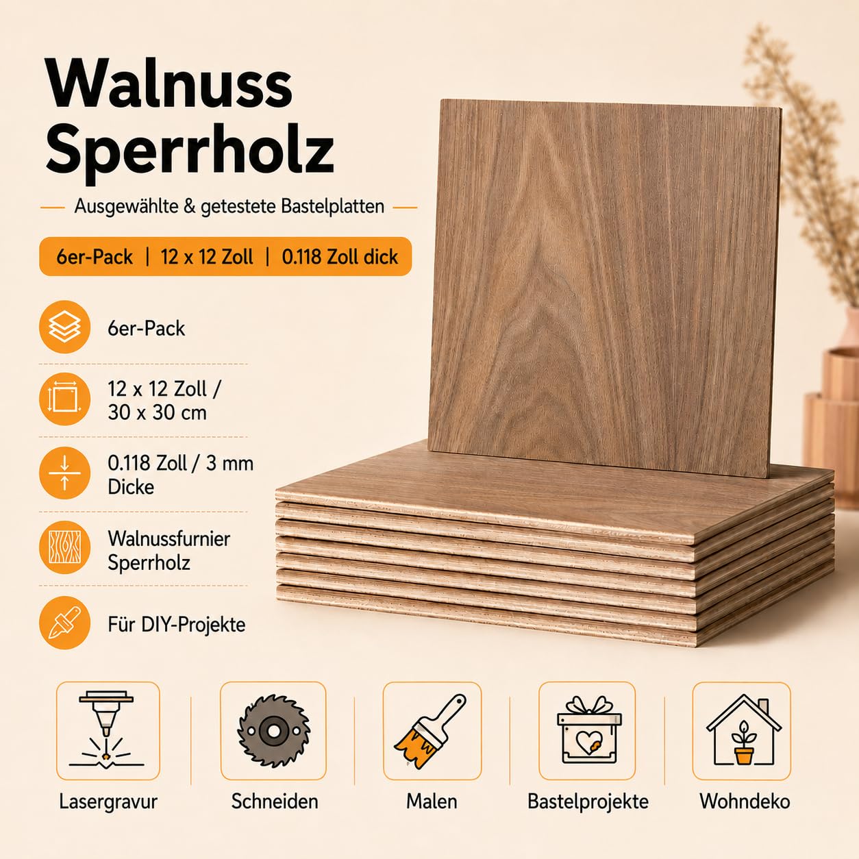 Sperrholz 3mm, Walnuss Brett 6 Stück 30x30cm Lasercut Holz, Holzplatte für Laser Gravur, CNC Schneiden, Malerei, DIY Modell (Schwarz Walnut Sperrholzplatte)