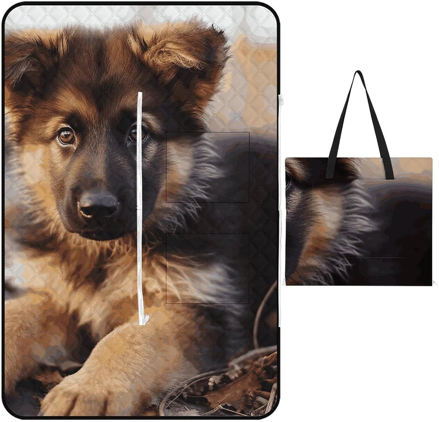 German Shepherd Puppy Picnic Blanket 150x100cm, Foldable 2-in-1 Picnic Mat and Tote Bag Portable Waterproof Beach Mat Sandproof Outdoor Blanket for Park, Hiking, Beach, Camping, Travel