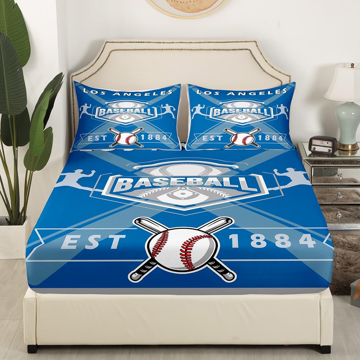 Erosebridal Baseball Lovers Fitted Sheet,Sports Bed Sheets for Teens Youth,Ball Patchwork Bed Set,Baseball Lovers Bedding Set with 2 Pillowcases,Queen,Los Angeles D,no Flat Sheet