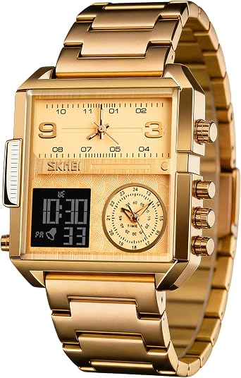 SKMEI Men's Digital Sports Watch, LED Square Large Face Analog Quartz Wrist Watch with Multi-Time Zone Waterproof Stopwatch