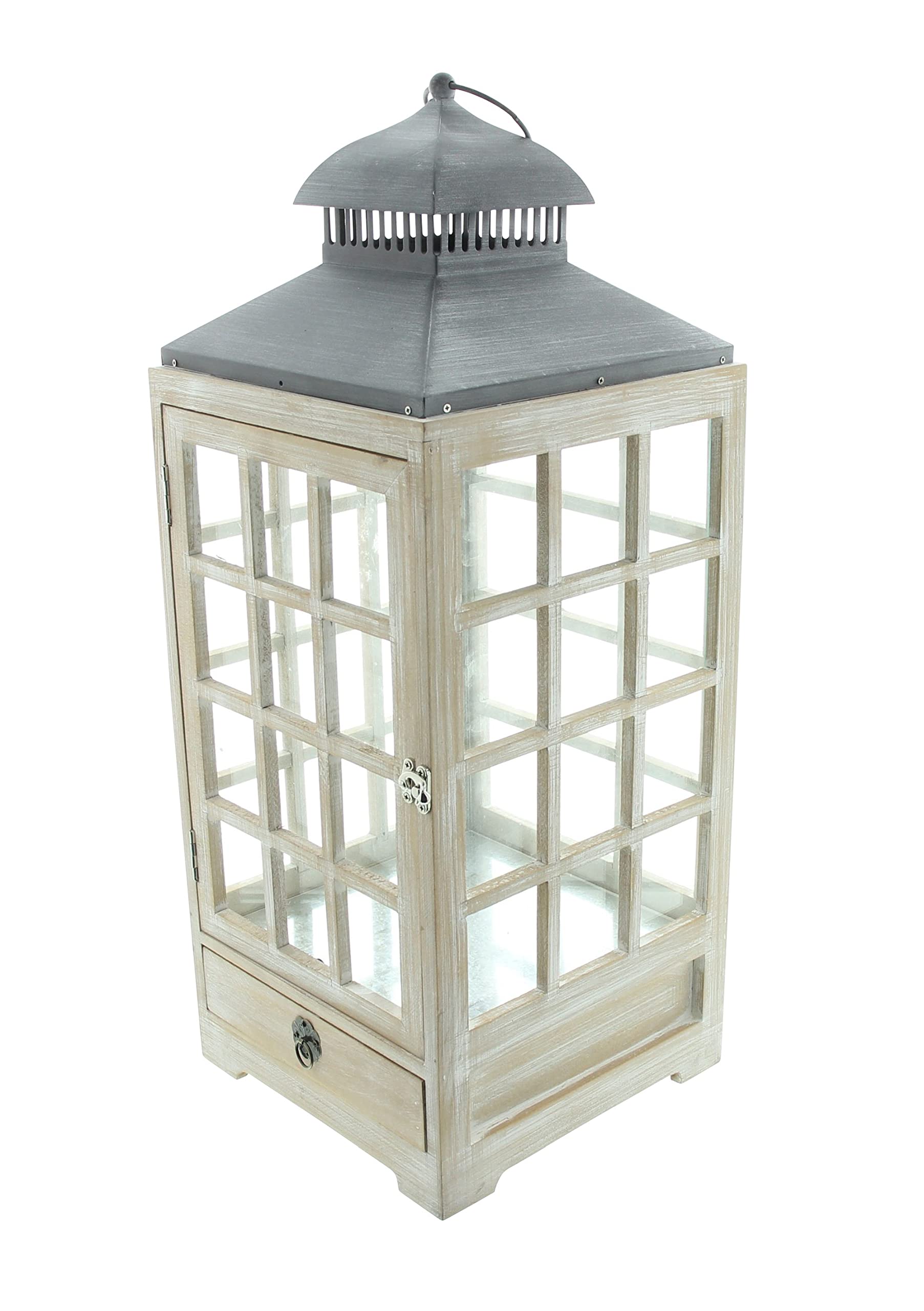 FRANK FLECHTWAREN Große Laterne "Landhaus", gekalktes Holz, Metall, Glas, Schublade, Maße: 25 x 25 x 63 cm, Ästhetisches Design, Nostalgisch-Modern
