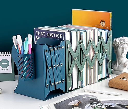 Miniatura 7 de Kingsmile Sujetalibros ajustables para estantes, sujetalibros de metal para libros pesados, organizador de tapón de libro con soporte para bolígrafo