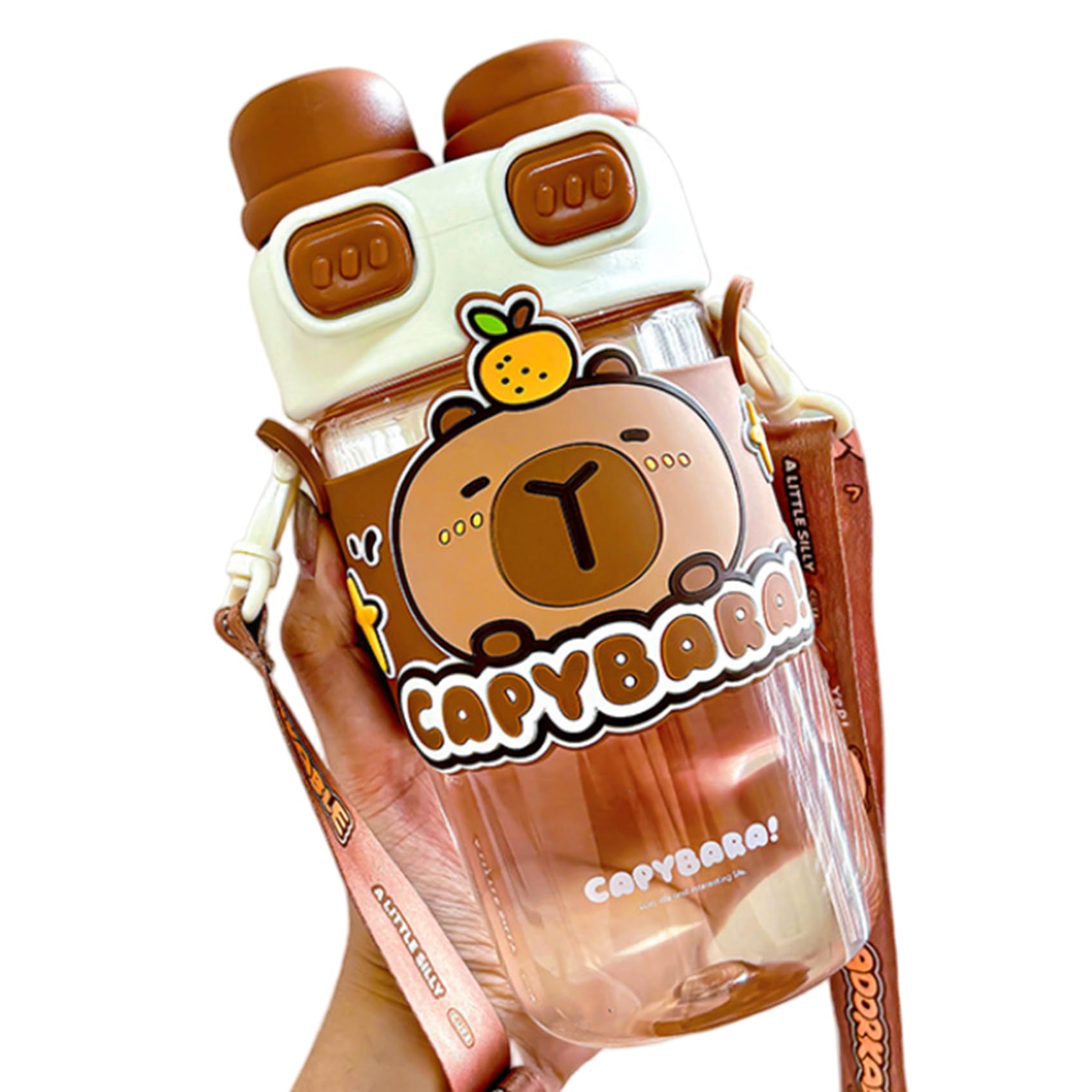 Capybara Water Bottle, 720ml Cartoon Plastic Kawaii Water Bottle with Dual Lid & Adjustable Strap, Heat-Resistant Drinking Cups for Home Office School
