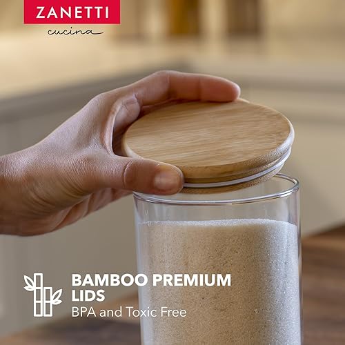 Miniatura 6 de Zanetti - Recipientes herméticos de vidrio con tapas de madera de bambú para almacenamiento de alimentos con 75 etiquetas preimpresas para despensa