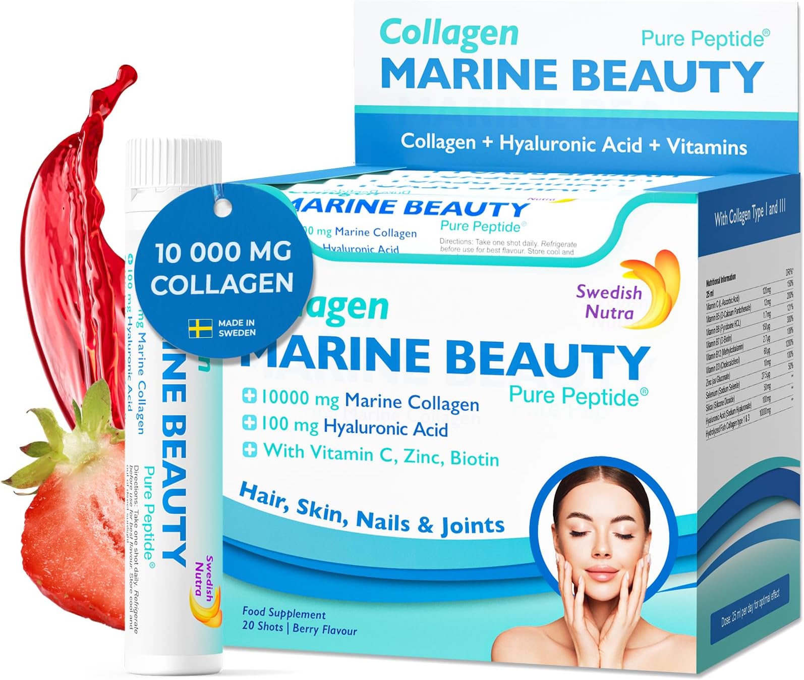 Swedish Nutra - Marine Beauty Collagen Shots (20 Shots) | Collagen Type 1 & 3 for Hair, Skin & Nails | 100% Delicious Natural Flavour | High Absorption