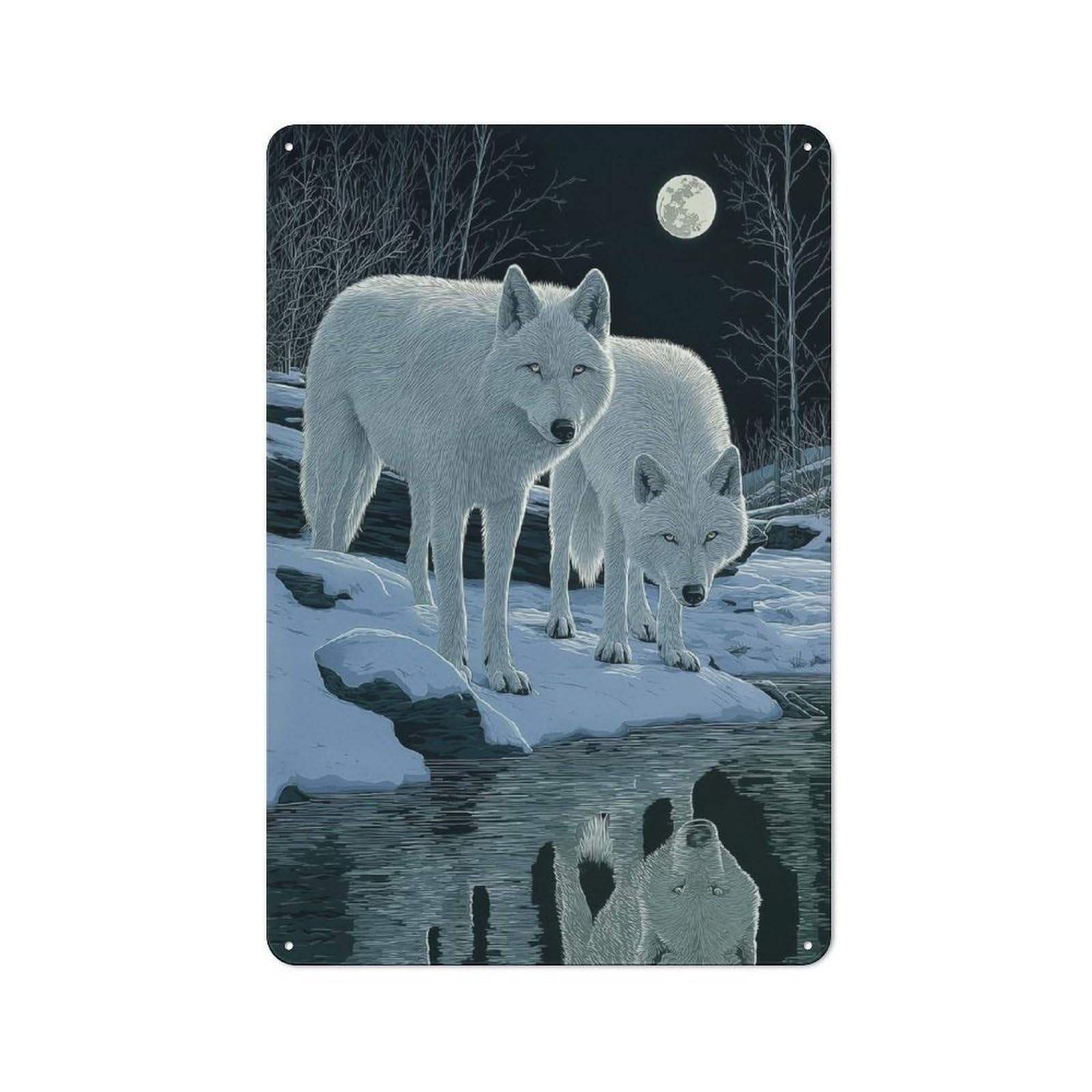 Junmoney Style-8 Cafe Style Decorative Metal Plaque 30X20cm Featuring Two White Wolves Under Moonlight, Bistro Wall Plaque For Tea Room, Shop Wall Or Breakfast Area
