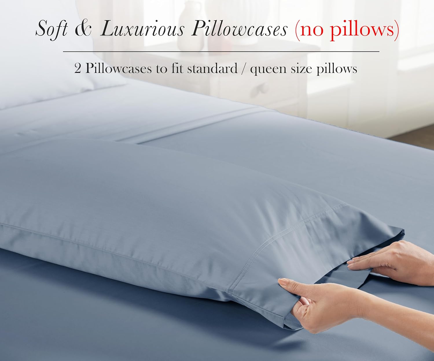 California Design Den 100% Egyptian Cotton Pillow Cases Queen Size Set of 2 - Soft and Breathable Sateen, Fits Standard and Queen Pillows - Blue Hydrangea