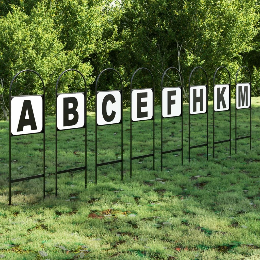 Lot de 8 marqueurs de dressage en acier avec lettres A B C E F H K M Résistant aux intempéries et robuste 22,5 x 69,5 cm Idéal pour terrain d'équitation, tournoi et équipement d'extérieur