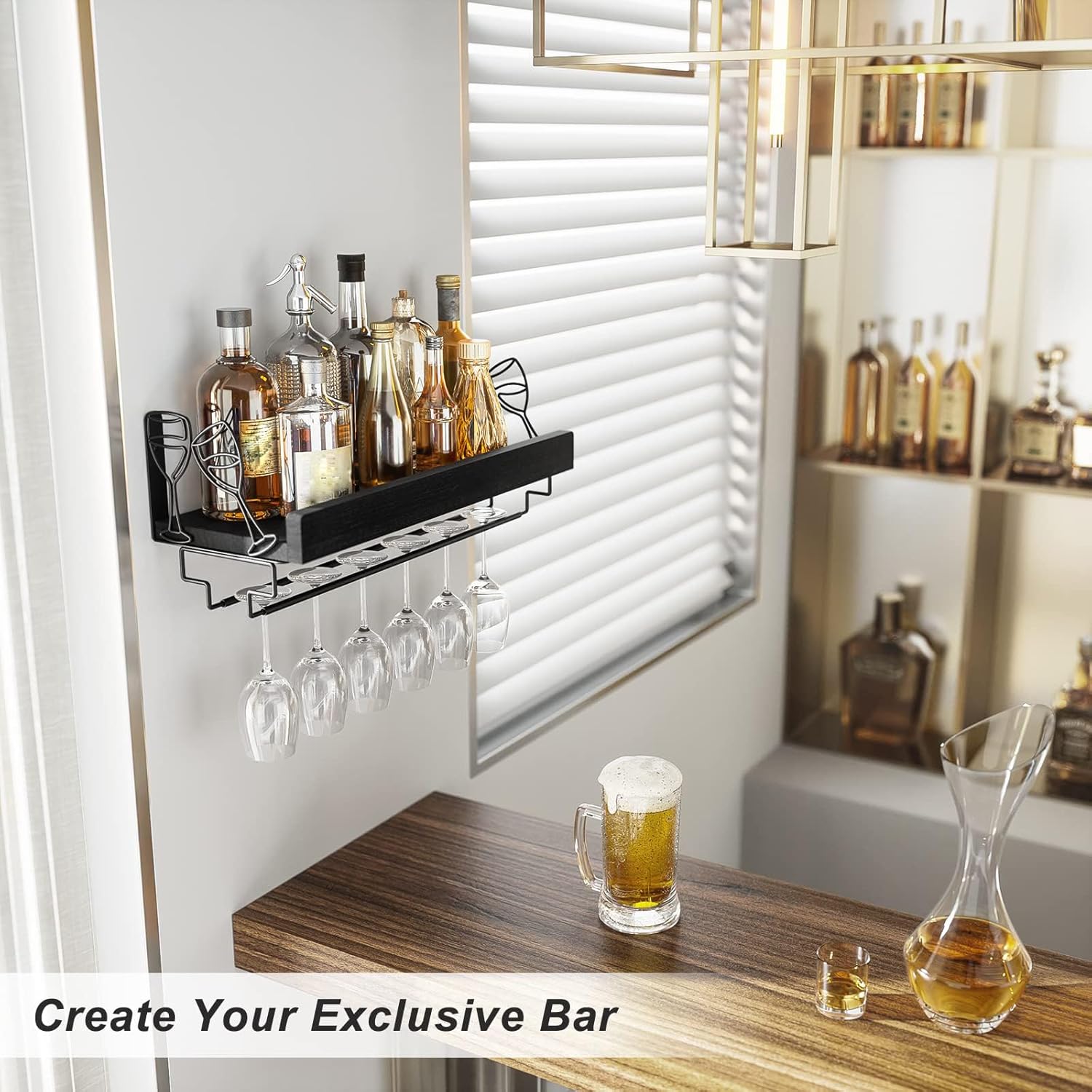 Love-KANKEI Wine Rack with Stemware Hanger, 17inch Wine Glass Rack, Floating Shelf Wall Mounted, Wood Wall Shelf for Kitchen, Dinning Room, Home Bar, Living Room etc, Pitch Black