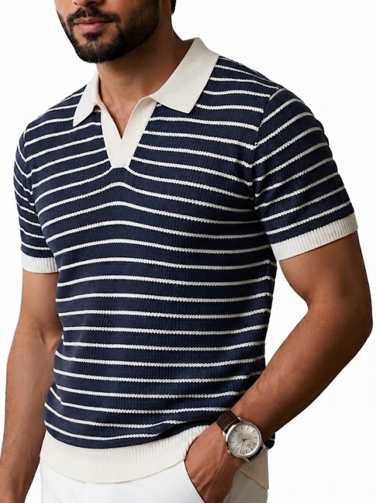 greciilooks Polo T Shirt for Men | Knitted Block Collar Neck T-Shirt | Smart Casual Striped Design | Premium Mens T Shirts | Office Wear, Travel & Everyday Styling-picture-20