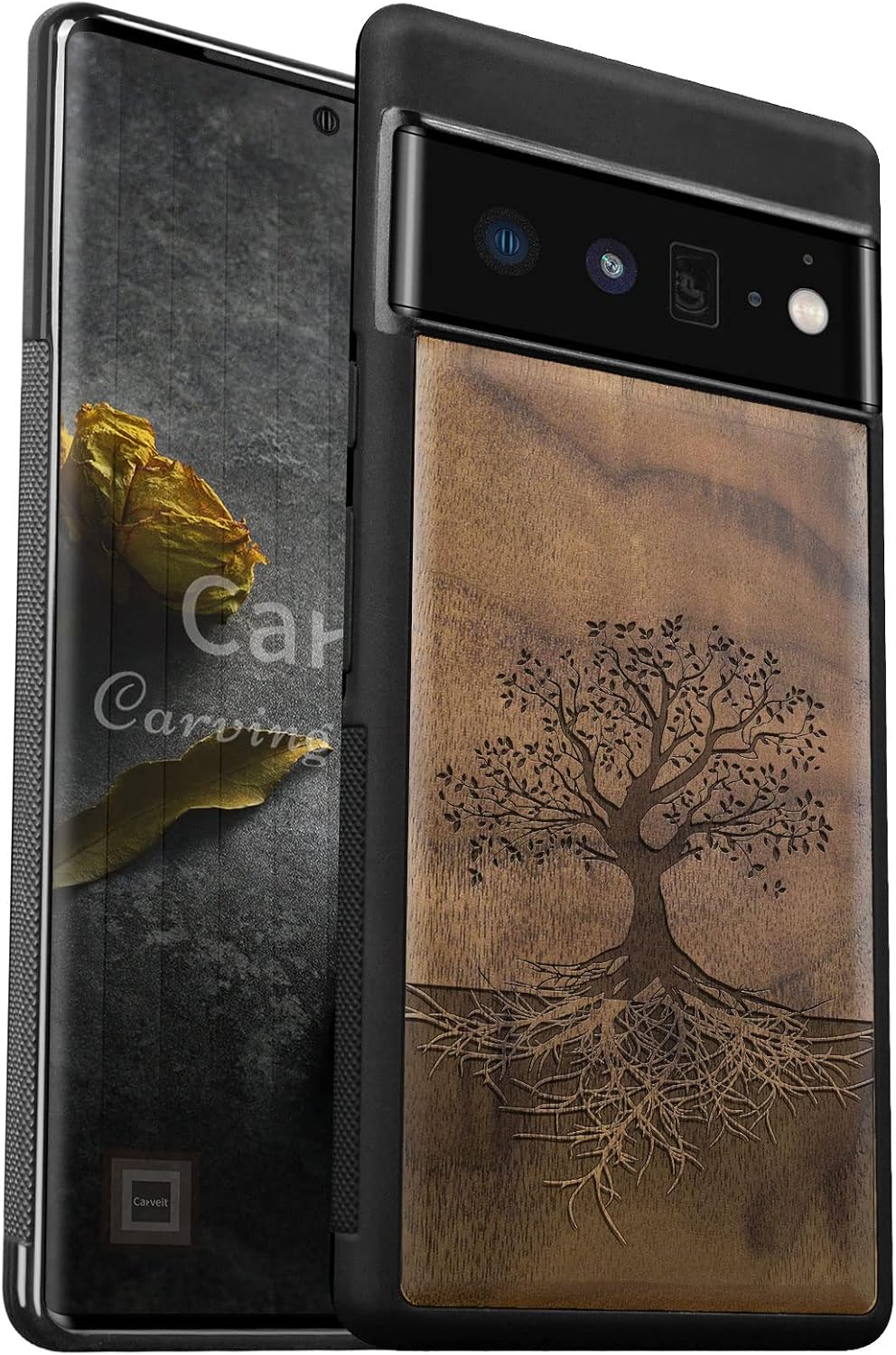 Carveit Wood Case for Pixel 6 Pro Case [Natural Wood & Black Soft TPU] Shockproof Protective Unique & Classy Wooden Cover Compatible with Google Pixel 6 Pro (Tree with Roots-Walnut)