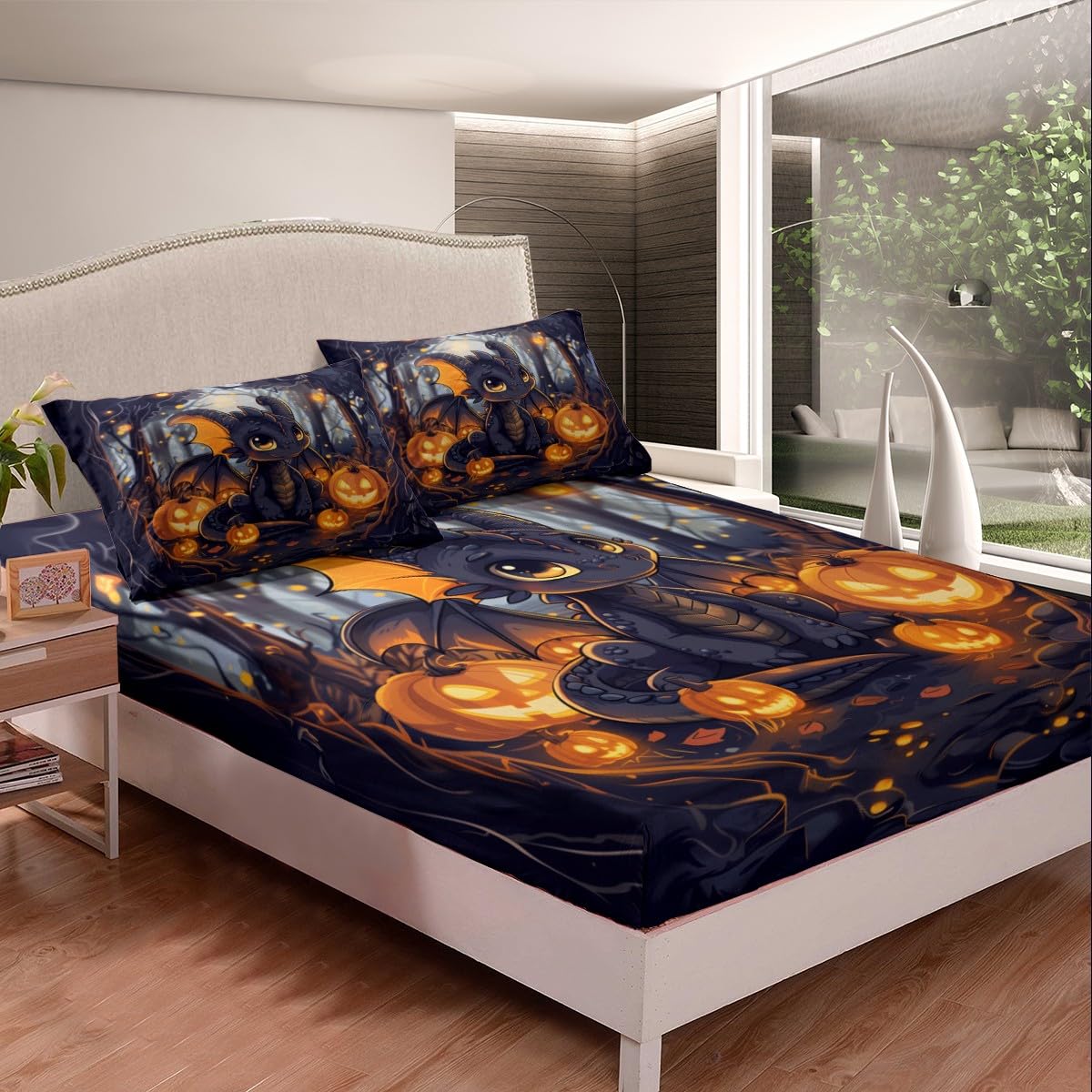 Cartoon Dragon Fitted Sheet Full Size 3 Pcs,Jungle Pumpkin Lantern Halloween Neon Collections(No Flat Sheet),Magical Western Animal Kawaii Black Dragon Bedding Deep Pocket for Kids