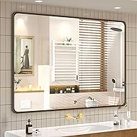 Vista 28 de OKPAL 16x24 Espejo de baño de bronce, espejo de marco de bronce rectangular redondeado, espejo de tocador de baño de bronce cepillado para montar