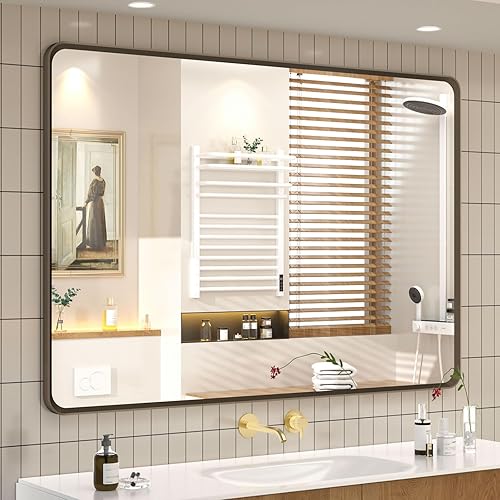 Miniatura 31 de OKPAL Espejo de Baño con Marco de Metal Negro de 40 x 36 Pulgadas para Pared, Espejo de Tocador de Baño Negro Mate, Espejo Rectangular Redondeado