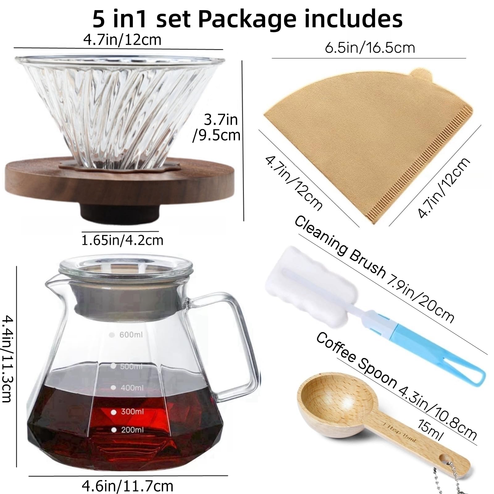 Pour over - Lot de 50 cafetières en verre borosilicate avec couvercle en verre borosilicate - 50 filtres en papier - Poignée en noyer - Pour la maison, le café, le restaurant