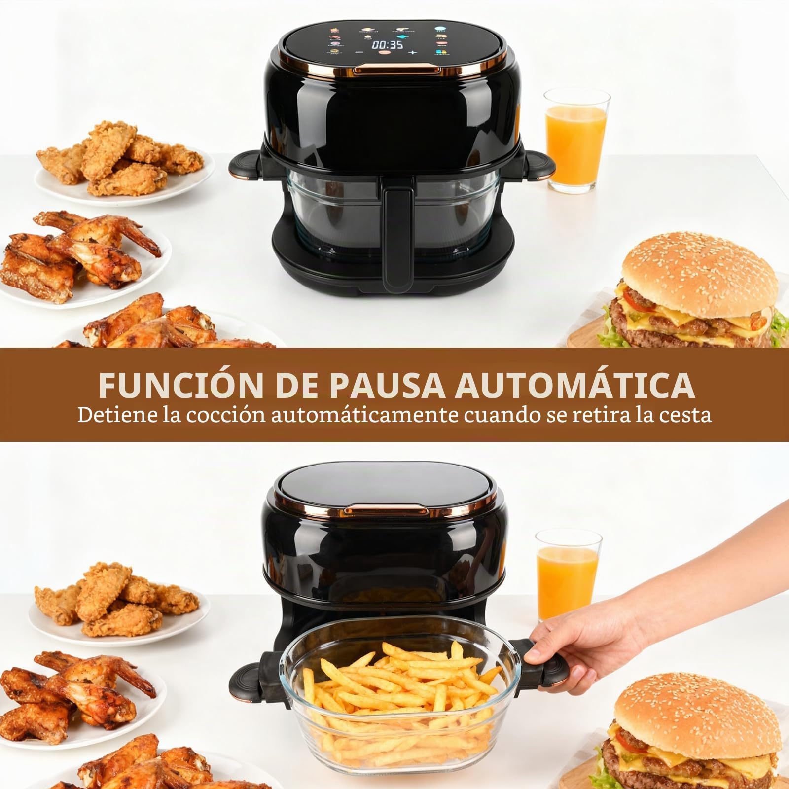 Freidora de aire 5L Airfryer, 9 en 1 con cesta de vidrio y pantalla LED | Con ventana de visualización, temporizador 24 h y cocción saludable con menos aceite, ideal para toda la familia