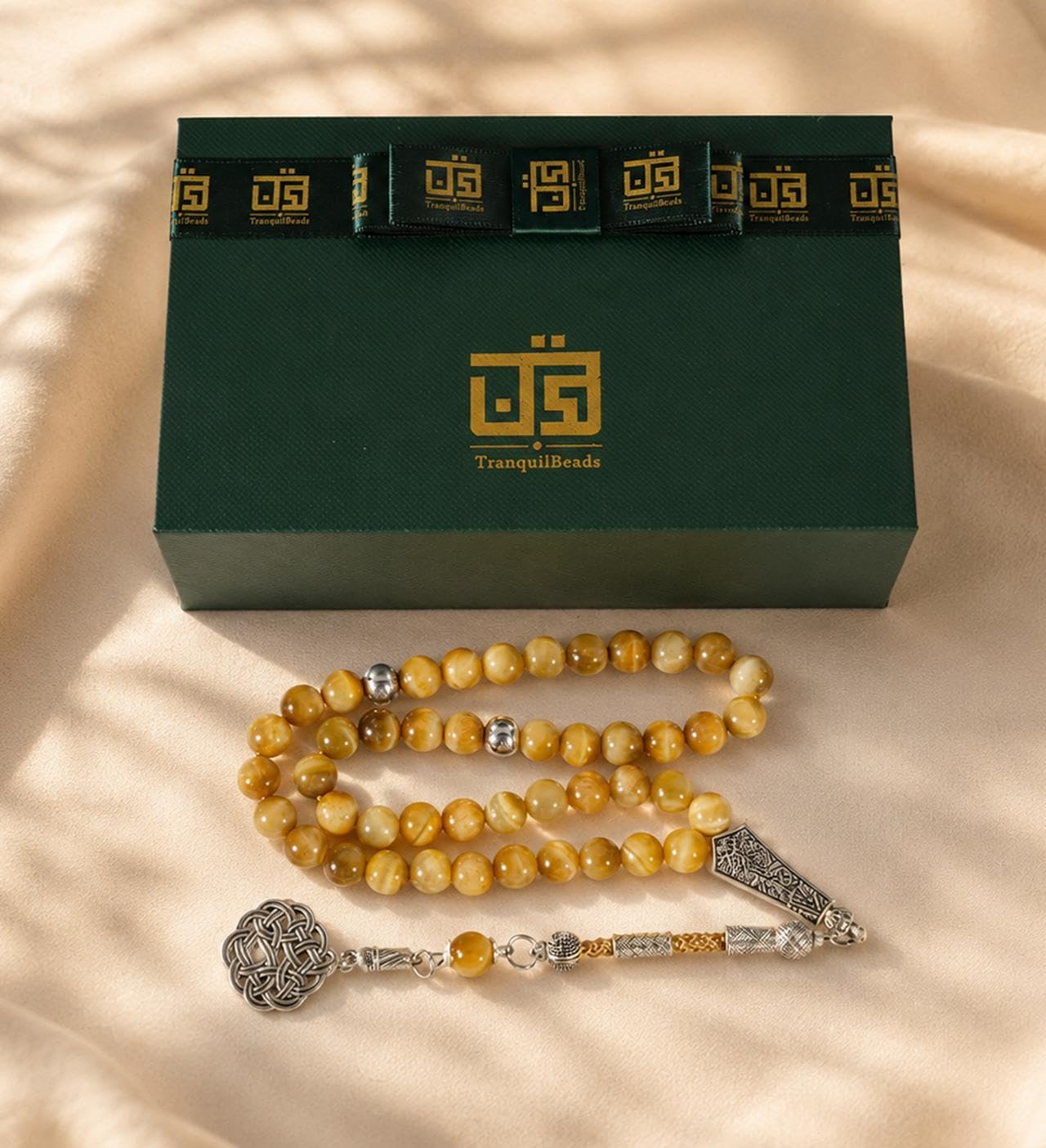 Tasbih złoty łańcuszek modlitewny z 45 perełkami Misbaha ze srebrnym frędzlem i pudełkiem na prezent, tygrysie oko, koraliki modlitewne dla mężczyzn, ojca, męża, Ramadan Eid prezent urodzinowy