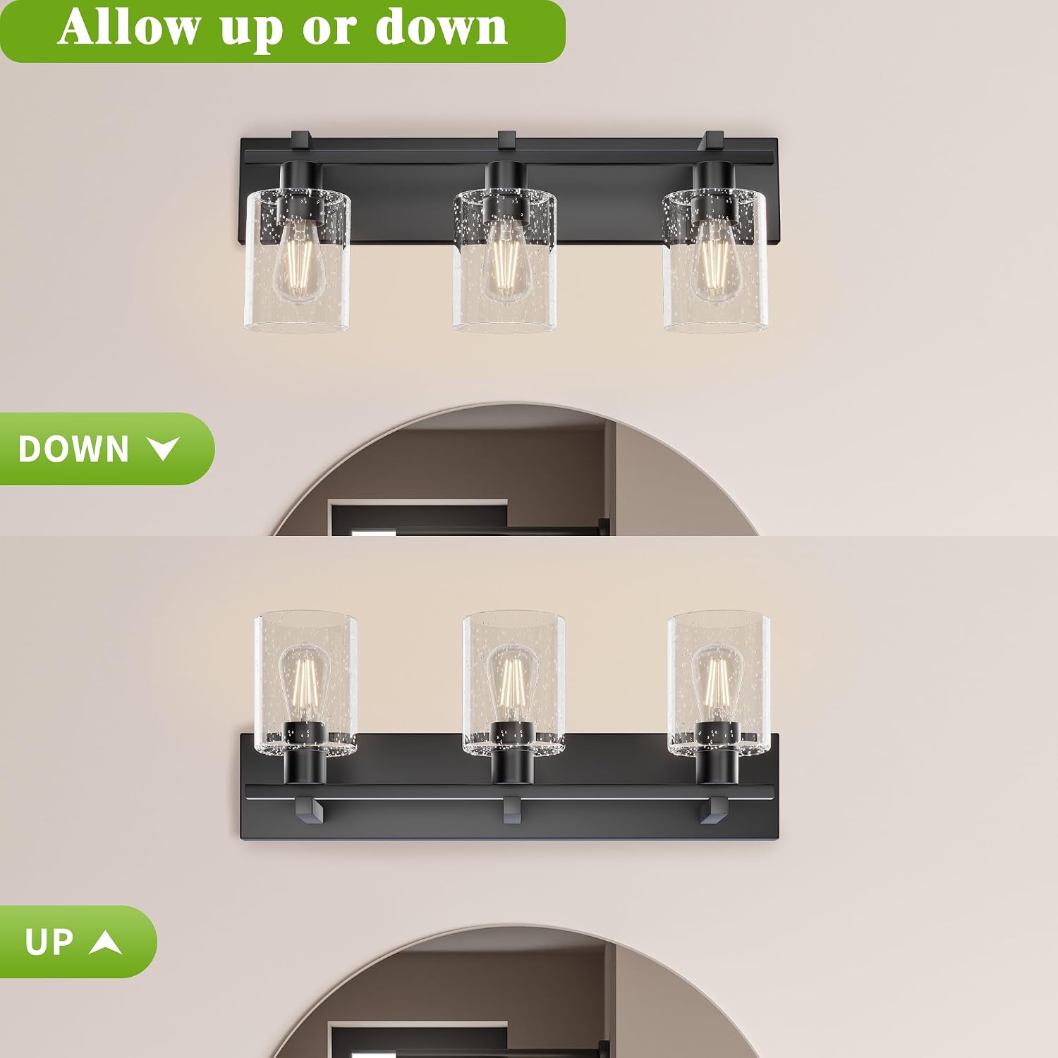 Espird vanity light mounted in both upward and downward positions