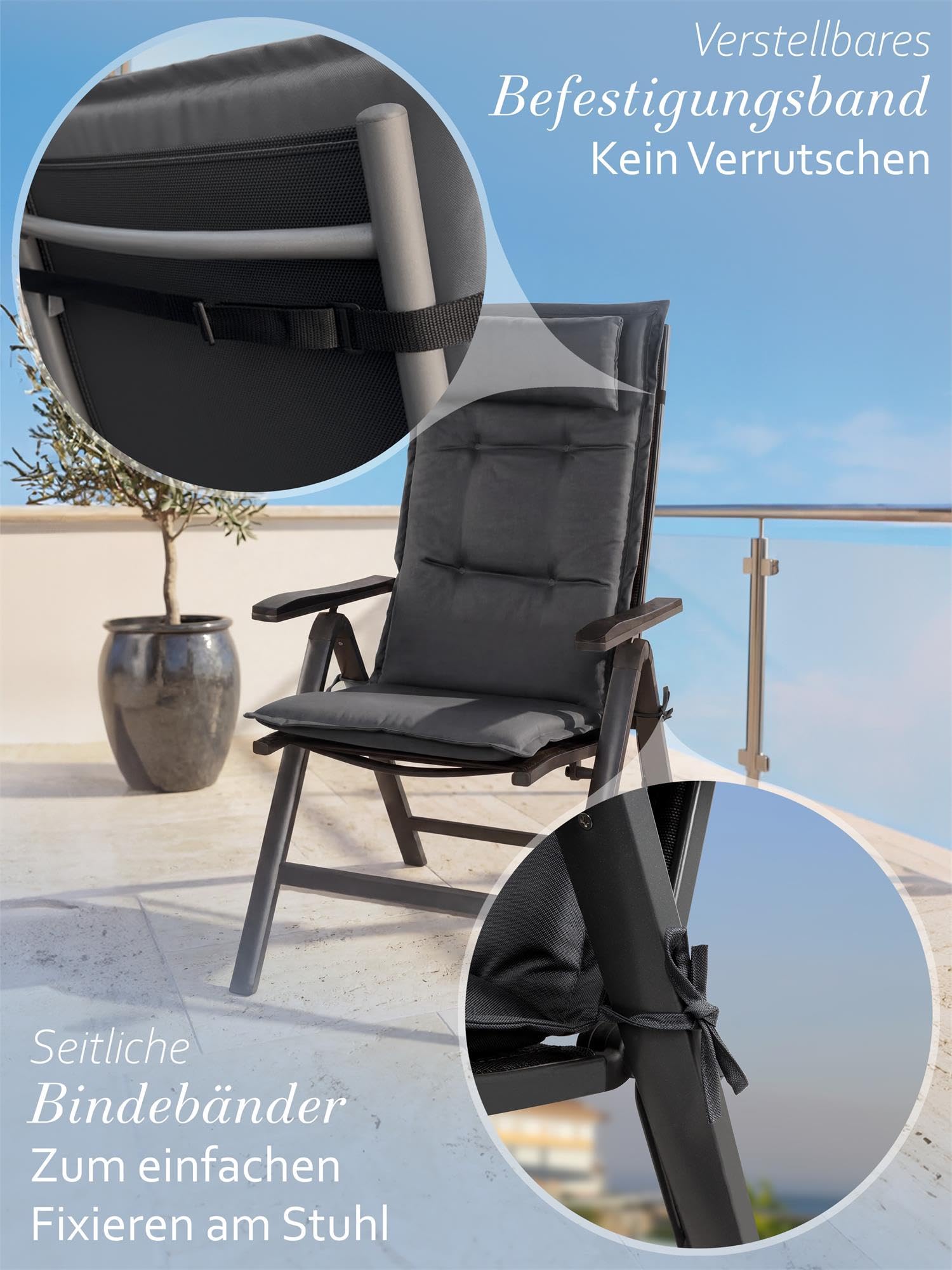 4er-Set Stuhlauflagen Hochlehner mit Kissen - Sitzpolster Gartenstuhlauflagen für Draußen und Drinnen aus pflegeleichtem und wasserdichtem Outdoor Material 120x50 cm Made in EU Farbe Anthrazit
