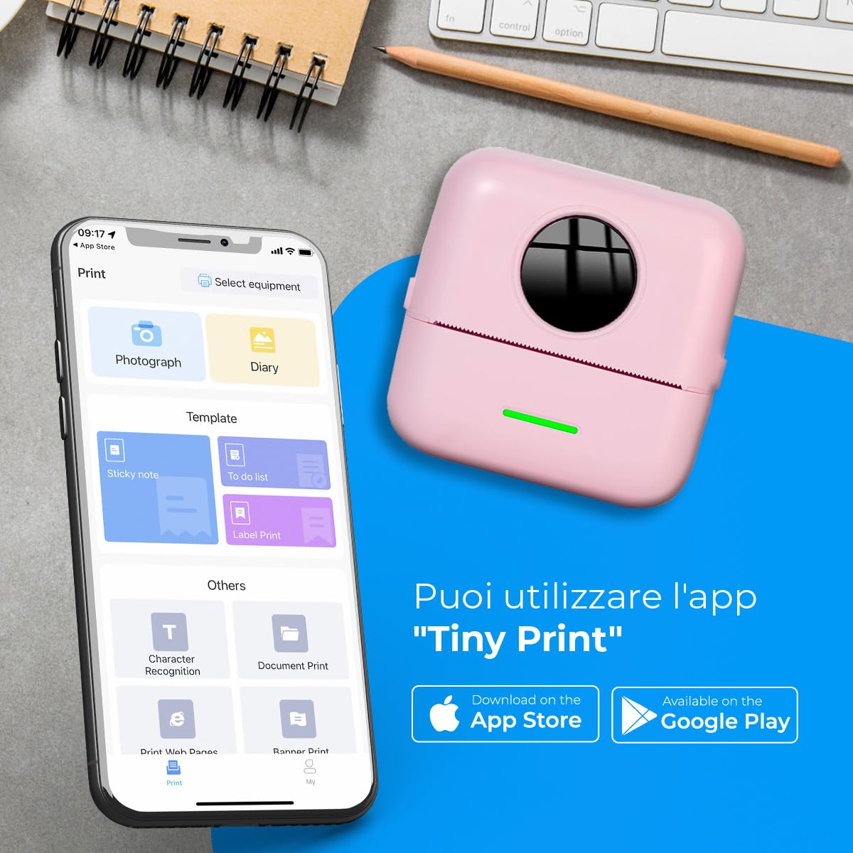 NK Stampante Fotografica Portatile con 5 Rotoli di Carta Termica - Mini Stampante Termica Mobile Wireless, Cavo USB, Compatibile con iOS e Android, Rosa