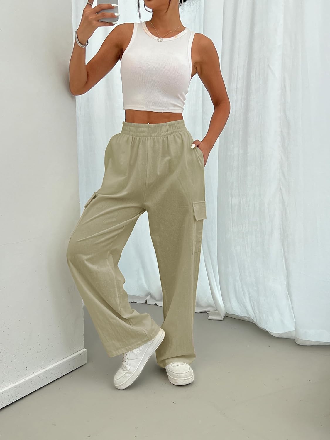 Cargo Linen Pants for Women Summer Wide Leg Palazzo Beach Pants Lightweight Women's Casual Pants with Pocket - Image 5