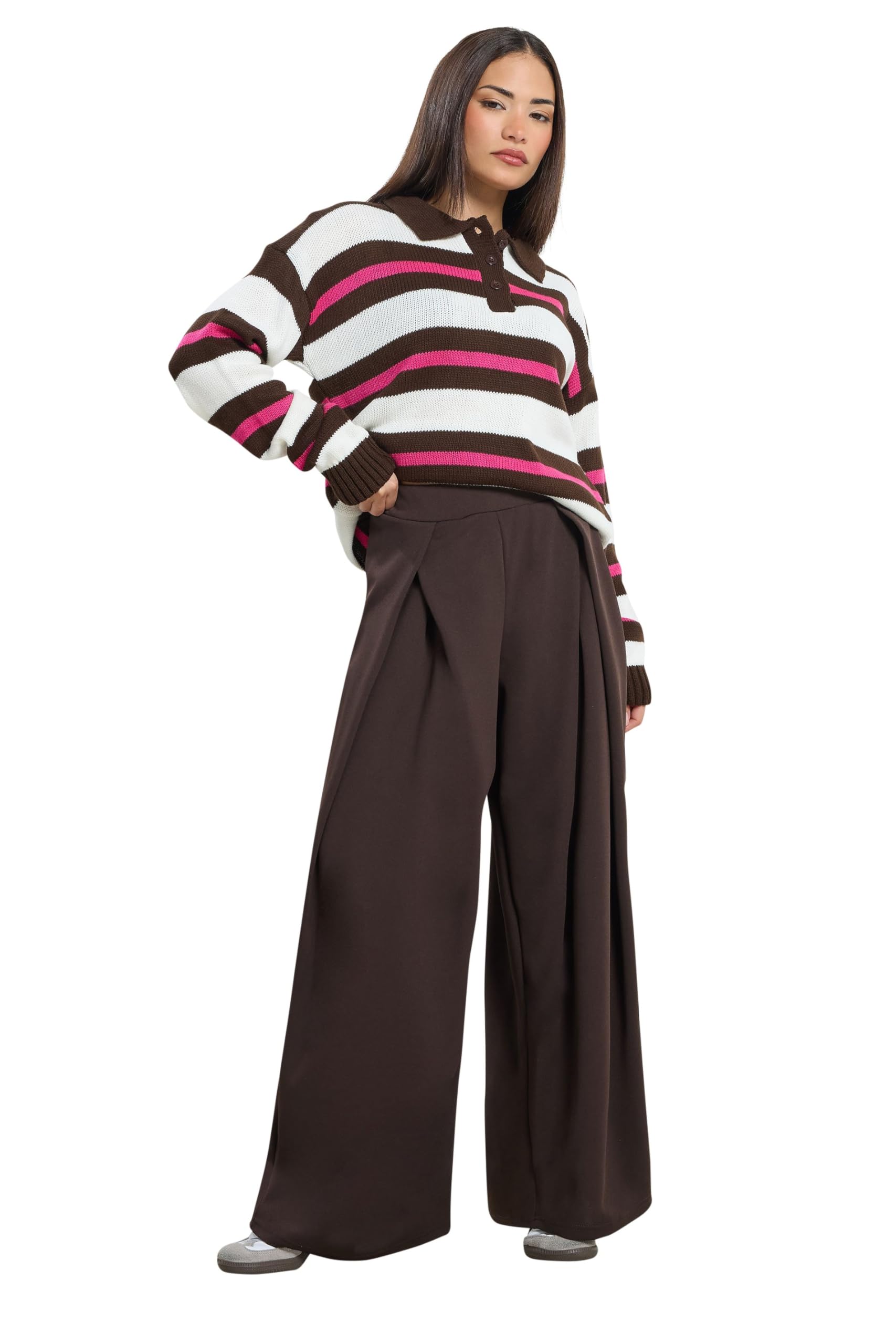 Pixiegirl Women's Brown Petite Wrap Pleated Wide Leg Trousers Size 8