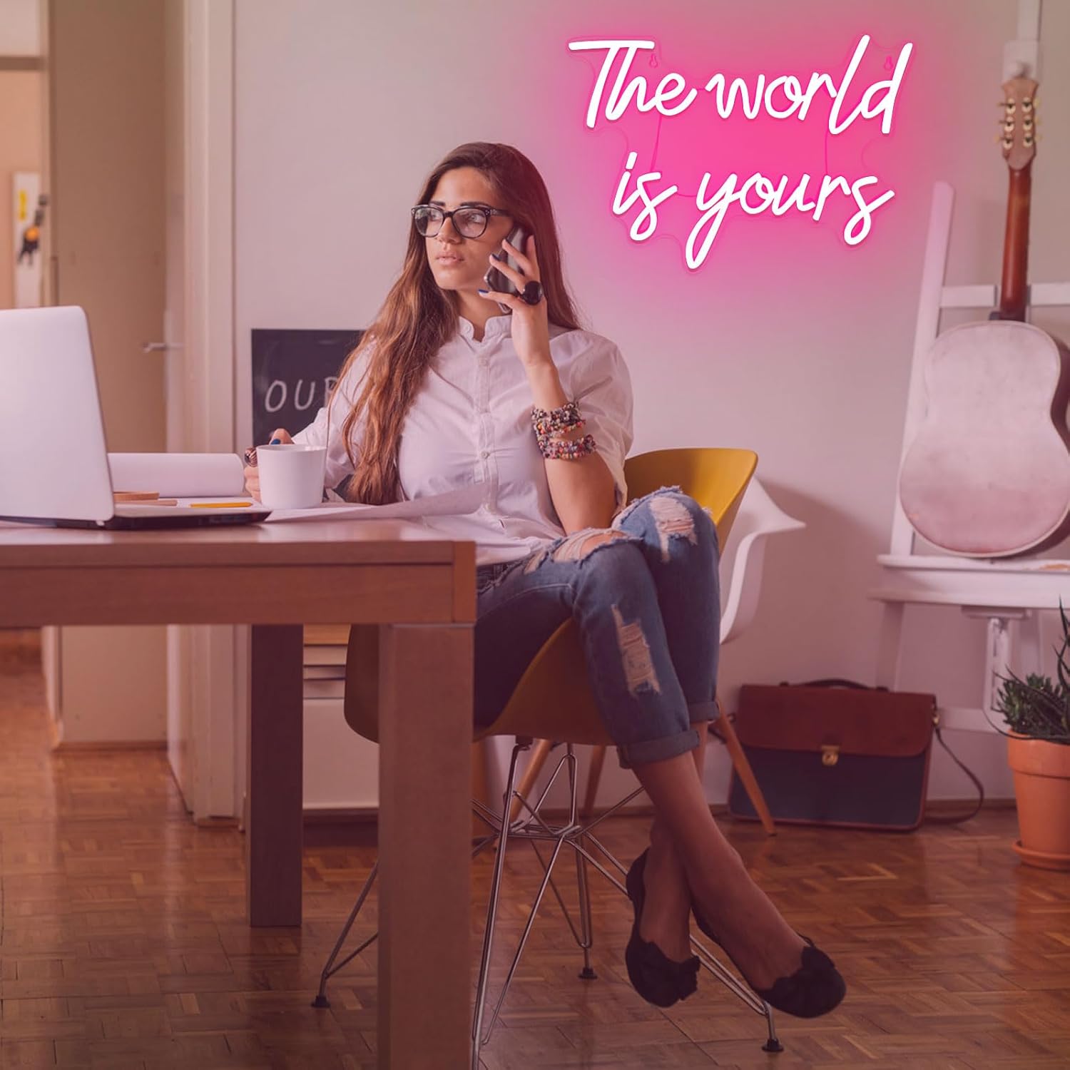 The World is Yours Neon Sign, Dimmable Word Lights for Wall Decor, Pink LED Neon Signs, World Neon Light up Sign for Bedroom Office Graduation Party Girl Room Birthday Present Engagement Valentine - Image 2