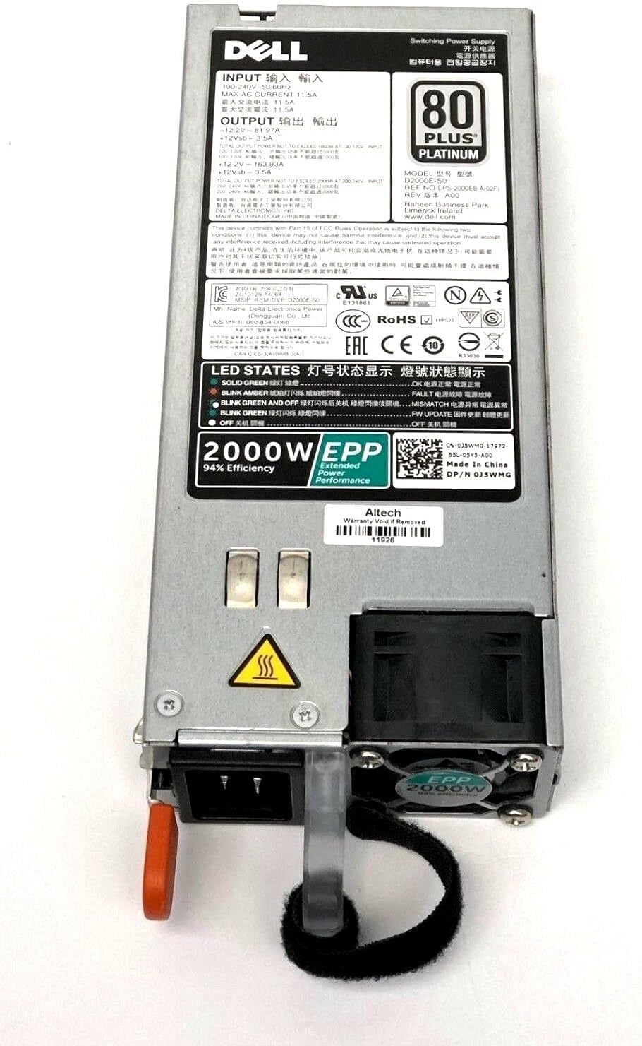 UpBright New 2000W EPP 80+ Plus Power Supply Compatible with Dell D2000E-S0 DPS-2000EB A MVP7C VWWF1 J5WMG Z2000E-S1 T8MTC 39K3H W1R7V PowerEdge FX2 FX2S C4130 C6400 R640 R740xd R7425 R840 R940 Server