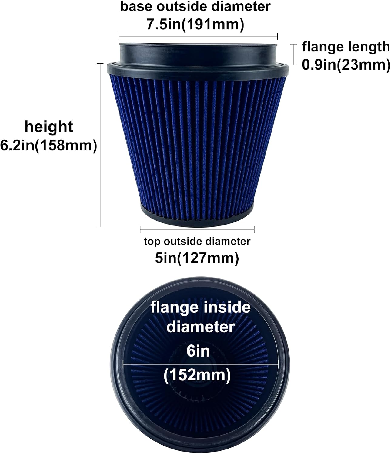 High-Flow Universal Clamp-on Air Filter Round Tapered with Filter Wrap, Replace RF-1042, Flange Diameter: 6 In, Filter Height: 6.5 In, Flange Length: 1 In