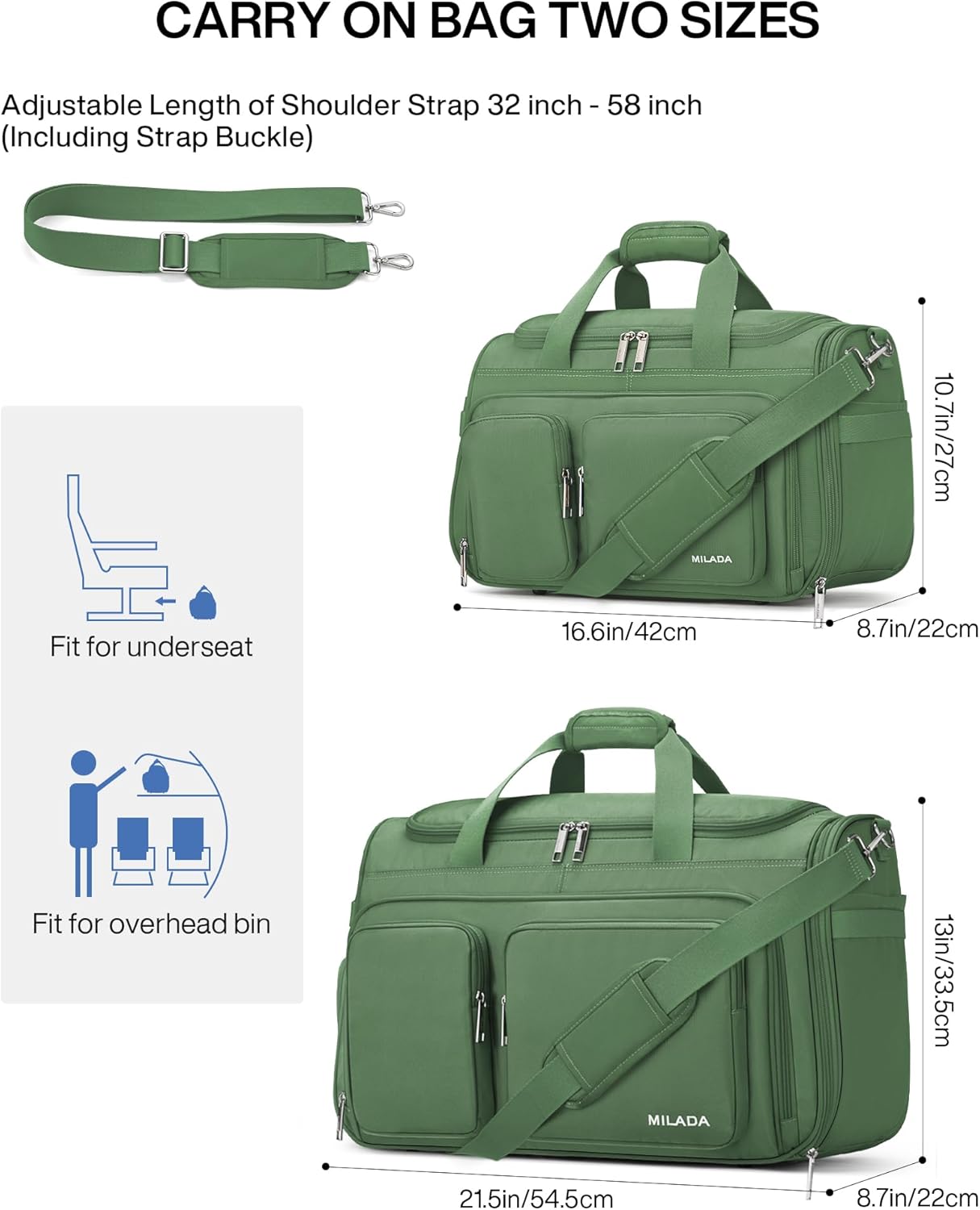 MILADA Underseat Carry On Luggage Bags for Travel Lightweight Foldable Carry On Bags for Airplanes Small Duffle Bag for Men Women TSA Approved Underseat Bag Travel Tote Bags, Forest Green - Image 2