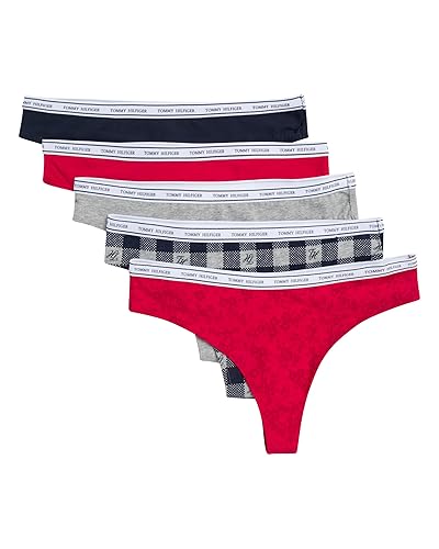Tommy Hilfiger Women's Classic Cotton Thong Underwear with Logo Waistband 5-Pack - Medium - Th Buffalo Plaid X Heather Grey/Tango Red/Sky Captain/Heather Grey/Bouquet Tango Red