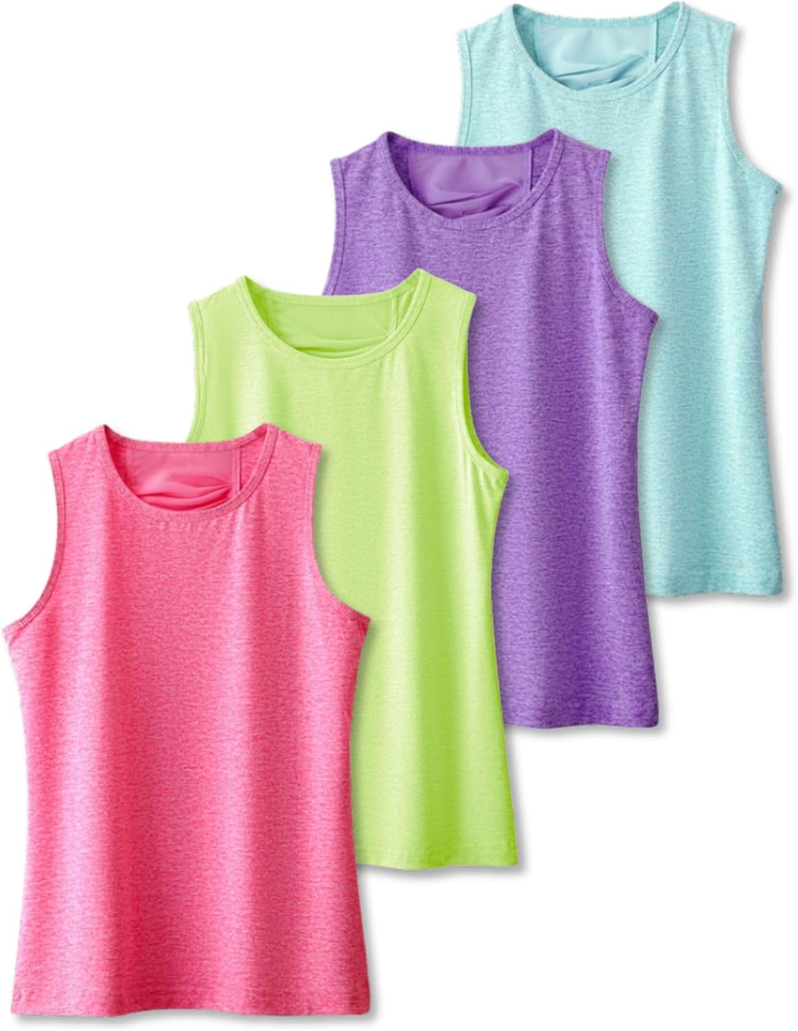 Girls 4 Pack Athletic Tank Tops, Pleated Mesh Back- Dry Fit Active Performance Shirts for Dance, Gymnastics, & Everyday Wear