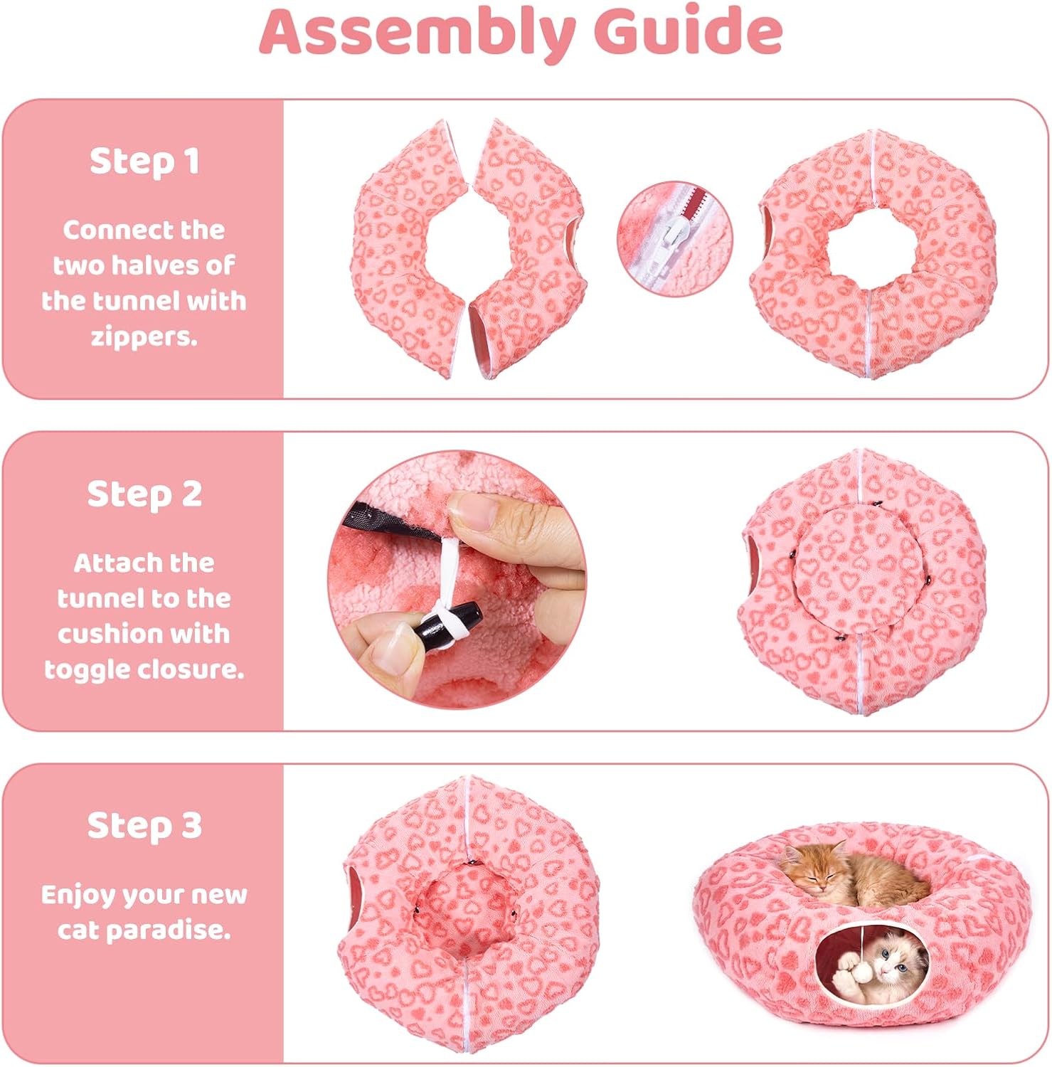 Cat Tunnel Bed, Cute Cat Tunnel Toy with Washable Cushion, Fits Indoor Cats up to 25 lbs, Cute Peekaboo Cave Pet Bed for Kittens, Rabbits, Pink Heart