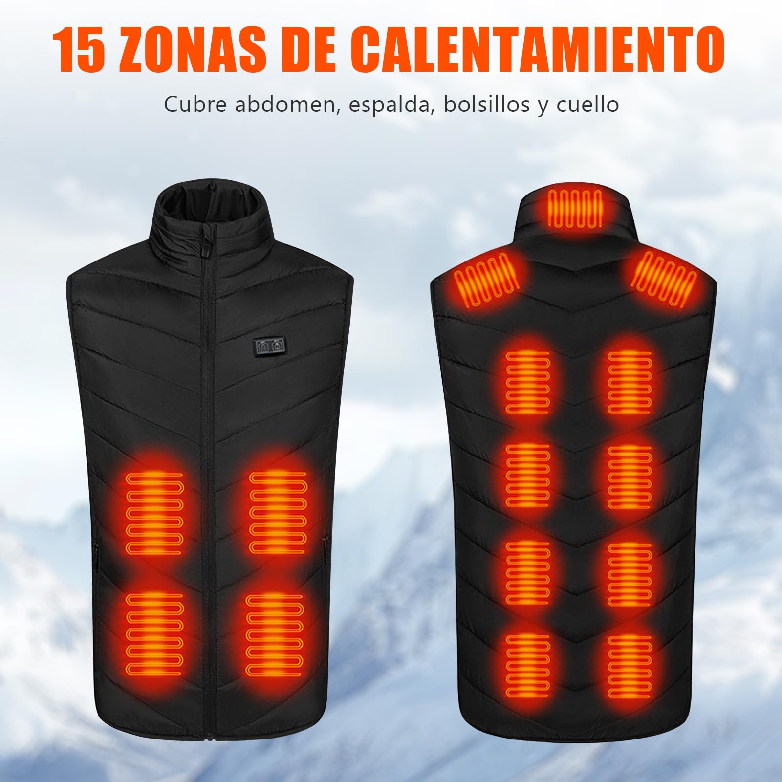 Chaleco Calefactable Hombre, Chaleco Eléctrico Calefactable 3 Niveles de Temperatura, 15 Zonas de Calefacción Chaleco Calefactable, para Esquí Camping Caza Pesca Moto (Negro M)