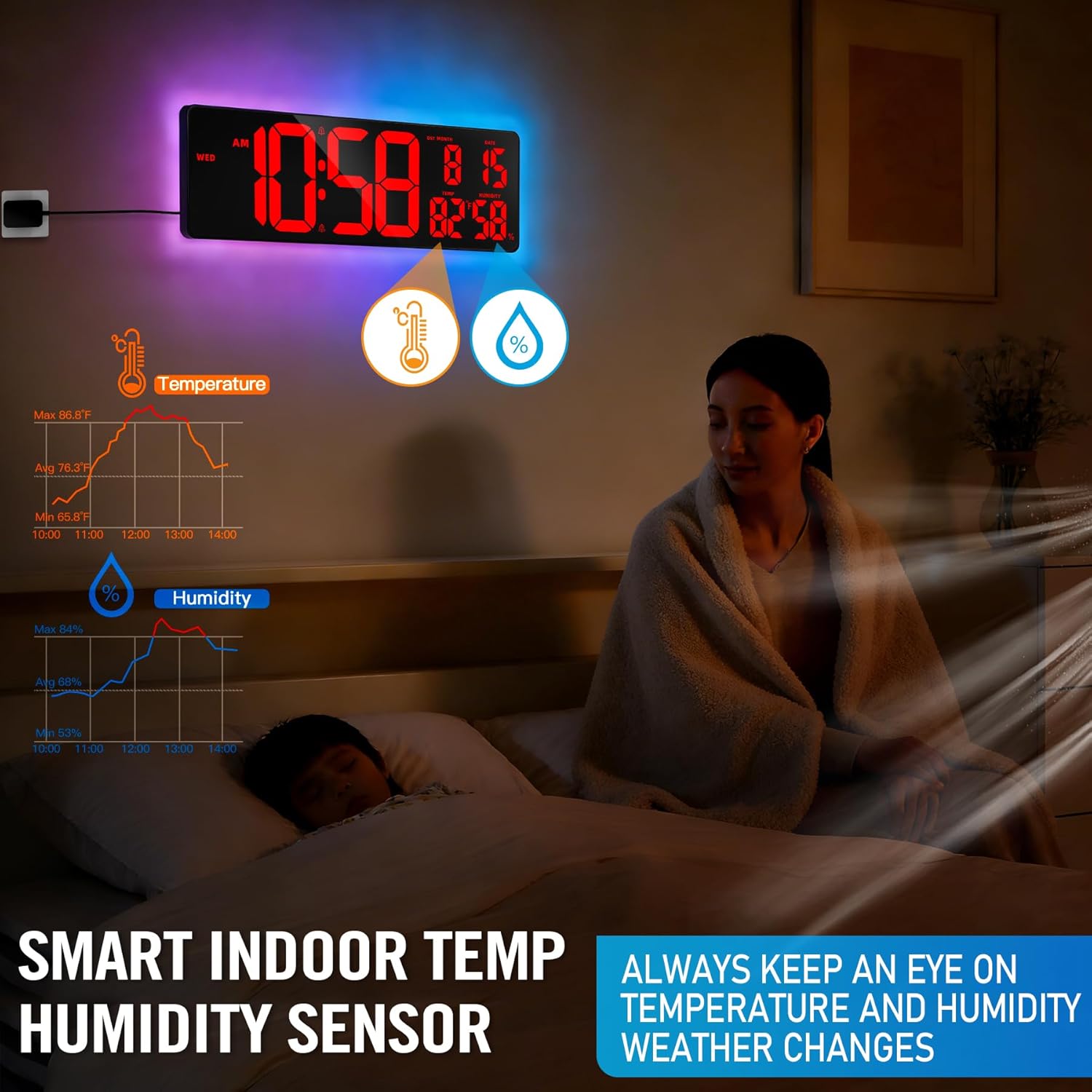 5.6'' Number Digital Display with Ambient Lighting,17.2" Large Digital Wall Clock with Auto-Brightness, Remote Control Alarm Clock for Home | Wall Decor Gift (DST Auto-Adjust)