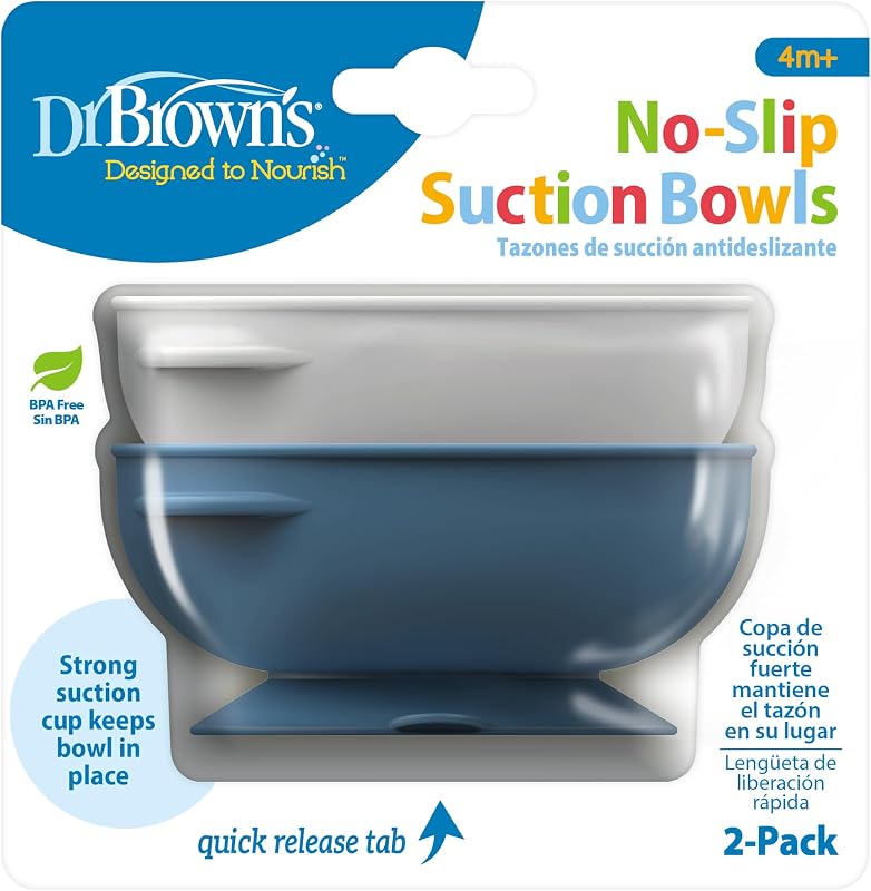 Dr. Brown's No-Slip Suction Bowls, Baby and Toddler, 4m+, 2-Pack Blue/Gray | Dr. Brown's Designed to Nourish No-Slip Suction Bowls for Babies and Toddlers, Quick Release Tab, BPA-Free, 4m+, 2-Pack