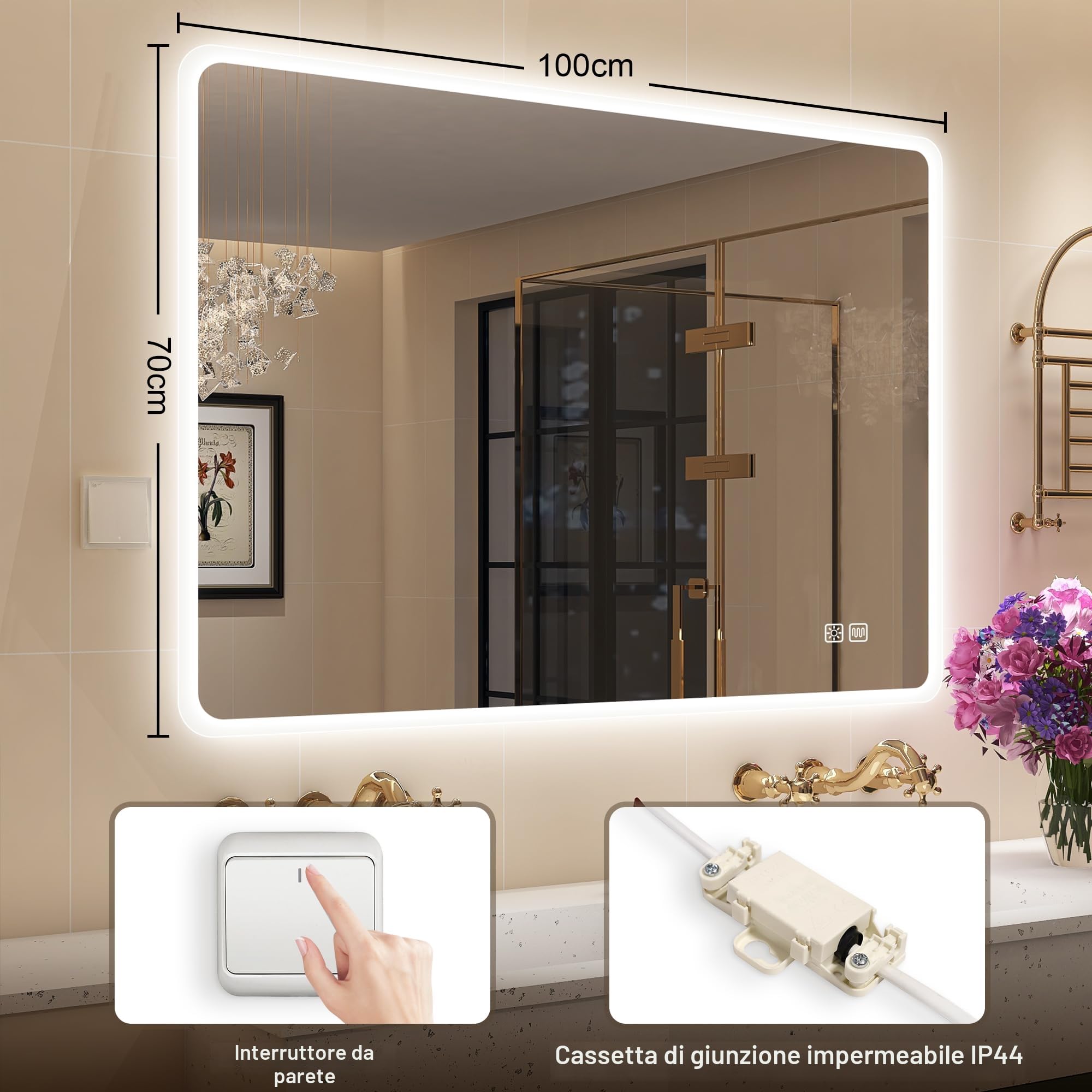 STARLEAD Specchio-Bagno-con-Luce 100x70 cm, Specchio-Bagno-LED con Antifog, 3 Colori Luce, Dimmerabile, IP44 Vetro Temperato HD Specchiera-Bagno, Funzione Memoria, Orizzontale/Verticale