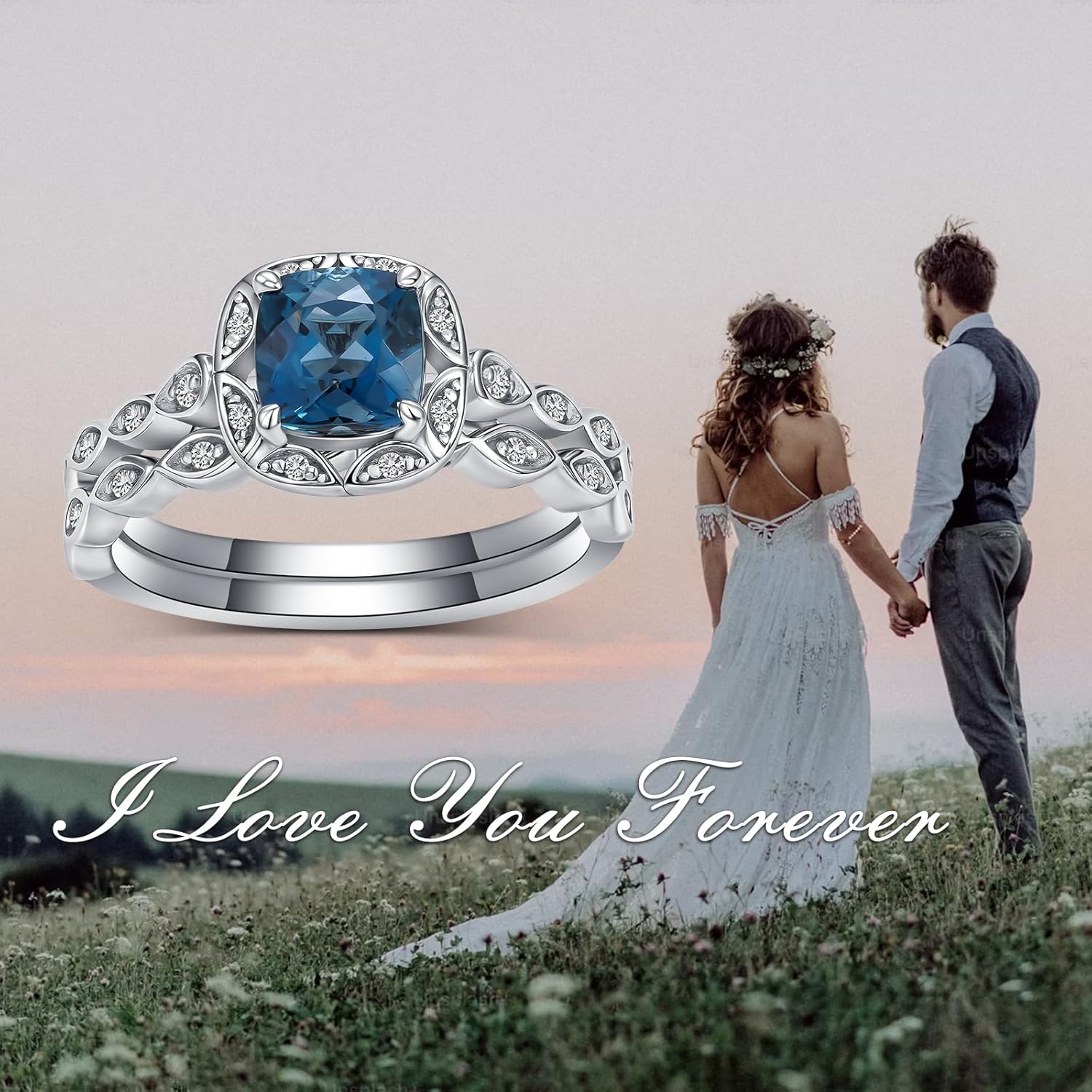 Natural Topaz Center Wedding Rings Sets, S925 Cushion Cut London Blue Topaz Engagement Ring Sets 18K White Gold Platinum PlatedBridal Ring Sets for Women Her Gift for Anniversary Wedding