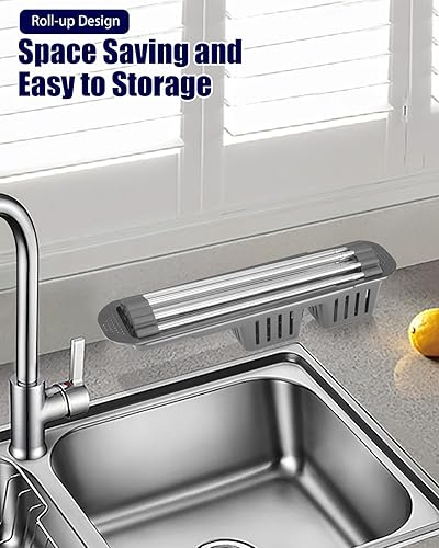 Miniatura 2 de Escurridor de platos enrollable, escurridor de platos extensible sobre el fregadero, estante de cocina de acero inoxidable con soporte para