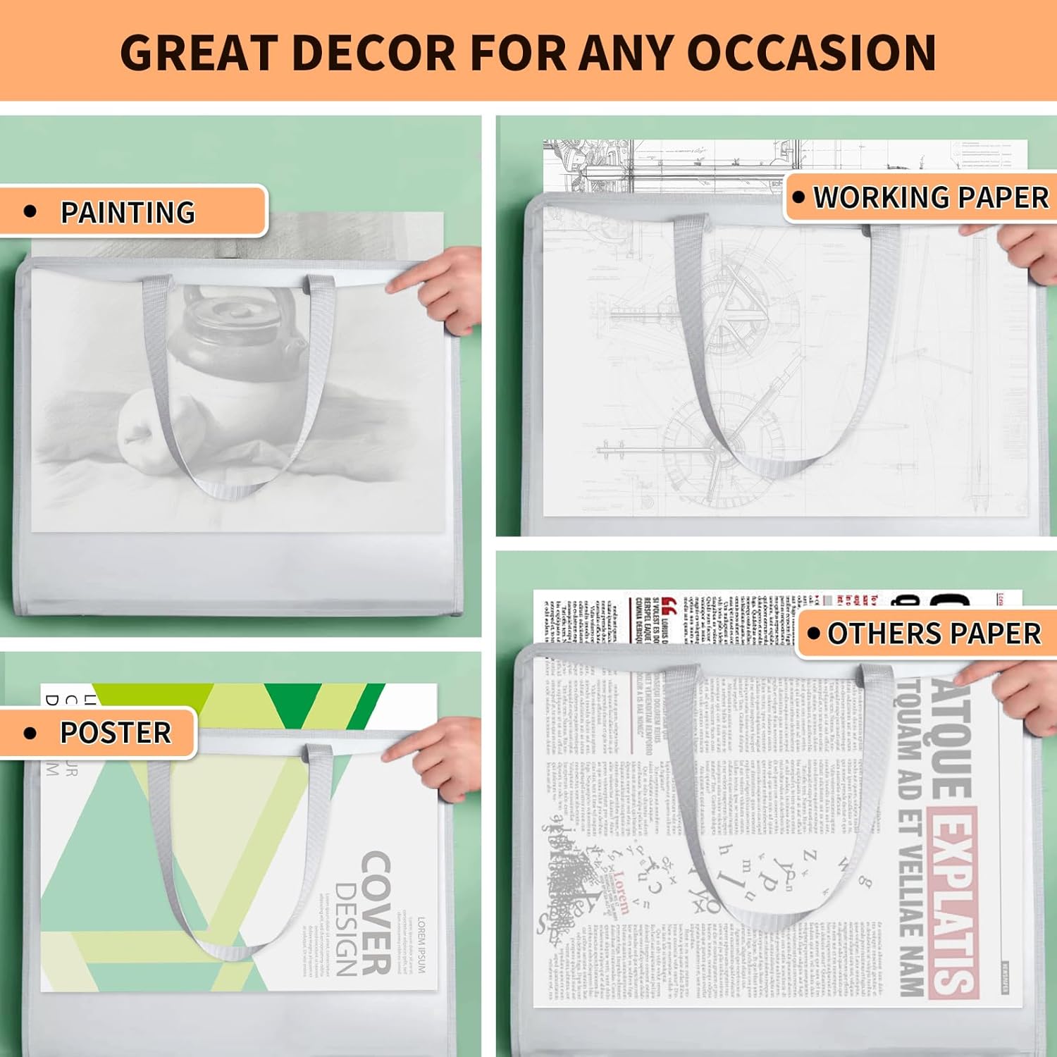 Plastic Art Portfolio with Zipper and Divider, Large Waterproof Art Storage Folder with Handles for Artwork, Sketches, Drawings, Photography, and Posters (White, Large + Medium)