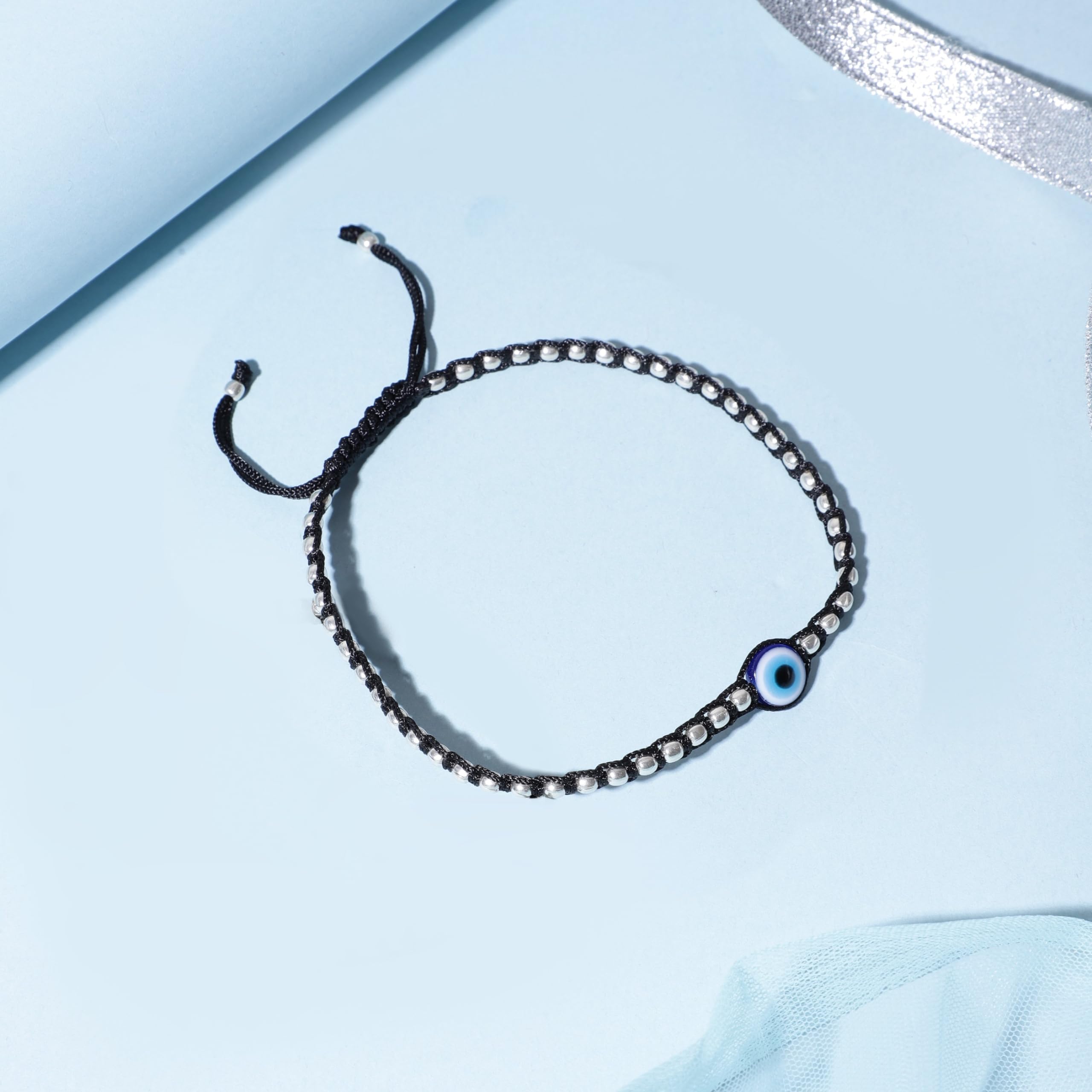 Women's 925 Sterling Silver Beads Evil Eye Rhodium Plated Thread Anklet, Single