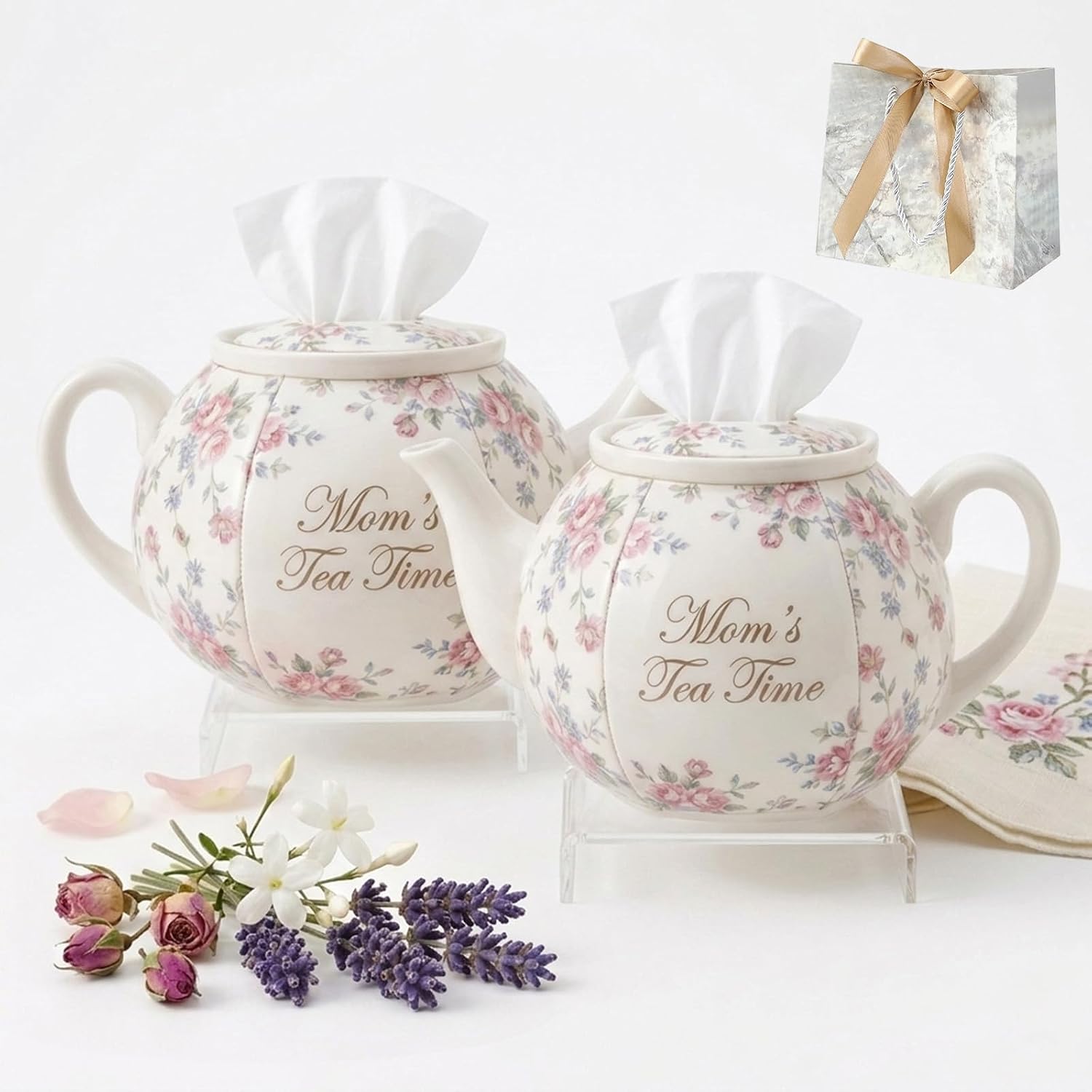 Personalized Teapot Tissue Box Cover- Decorative Fabric Tissue Box Covers for Mom Tea Time, Shabby Chic Cottagecore Room Decor for Vanity and Nightstand, Unique Gifts for Women (2Pcs)