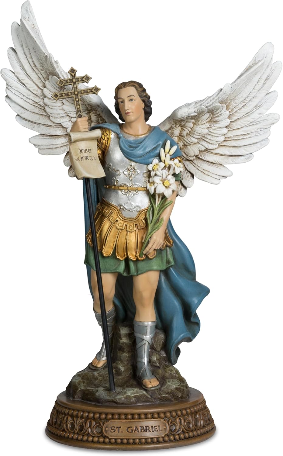 St. Gabriel The Archangel Statue,Patron Saint of Messengers,12" The Archangel Gabriel Statue in Blue/White,Colored Saint Gabreiel with Lily & Scroll,Estatua de San Gabriel el Arcángel