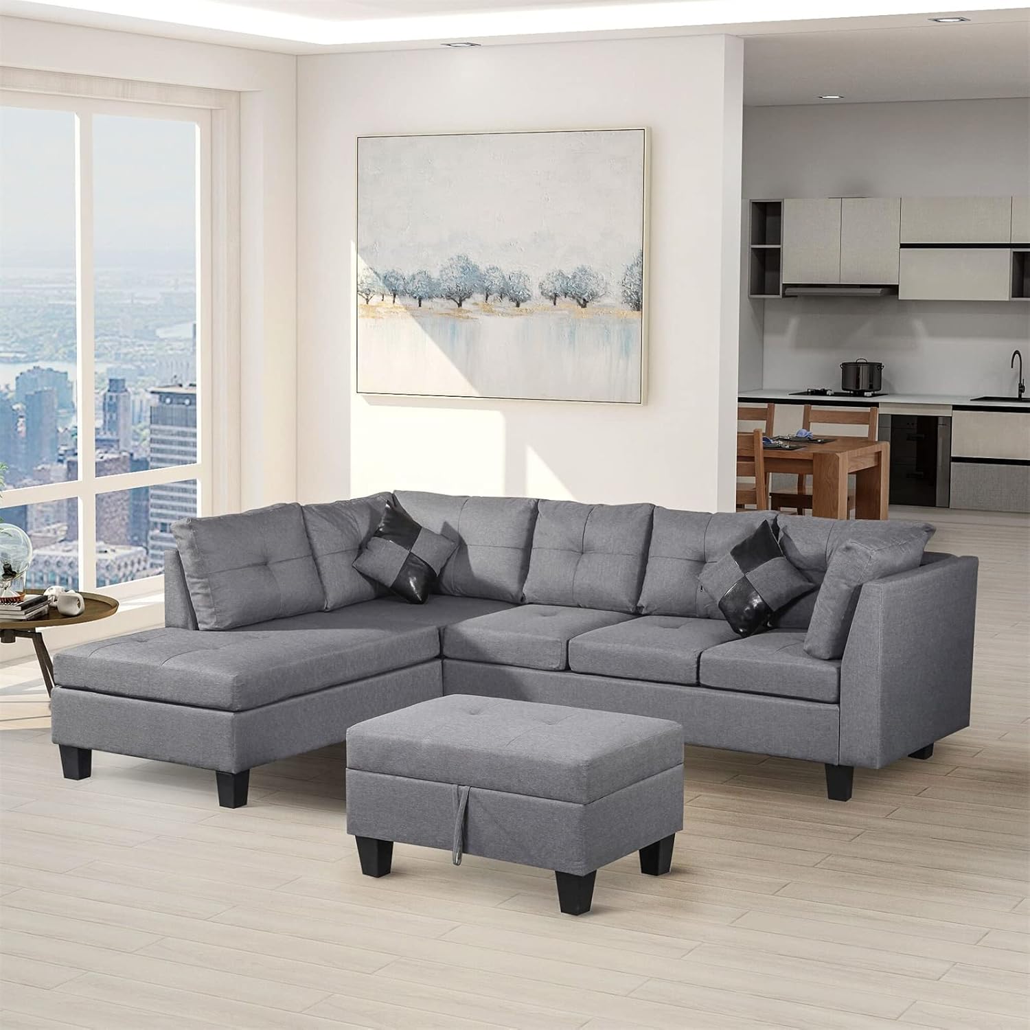 3-Piece Sofa with 1 x 3-seat Sofa, 1 x Left Chaise Lounge, 1 x Storage Ottoman, 7 x Back Cushions，2 x Throw Pillows (Gray)