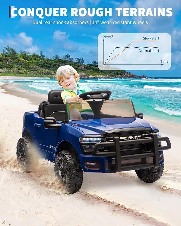 Garvee Kids Ride On Cars, Licensed RAM 12V Electric Ride On Truck Car w/Remote Control, Electric Pickup Car for Toddlers, Spring Suspension, LED Lights, Music, Ride On Toys for Boys Girls by Garvee - Used condition - Image 3