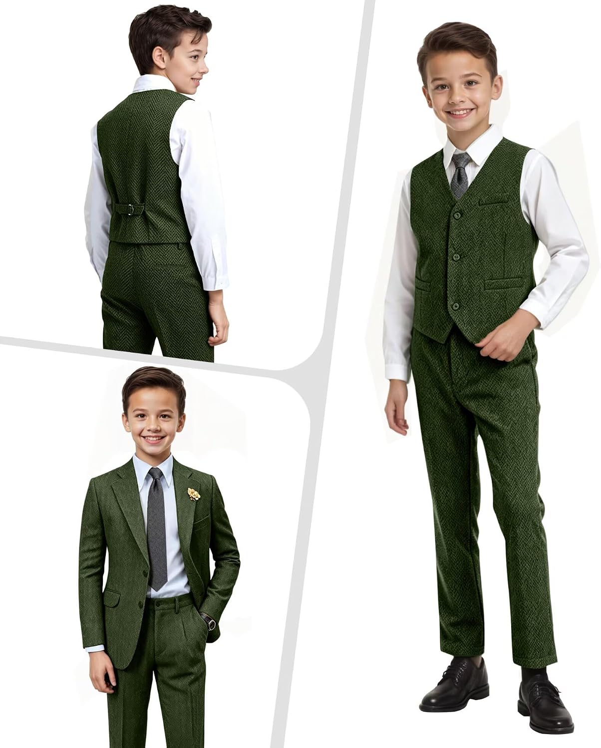Retro Herringbone Tweed Boys Suit Slim Fit 3 Piece Wedding Suits for Kids