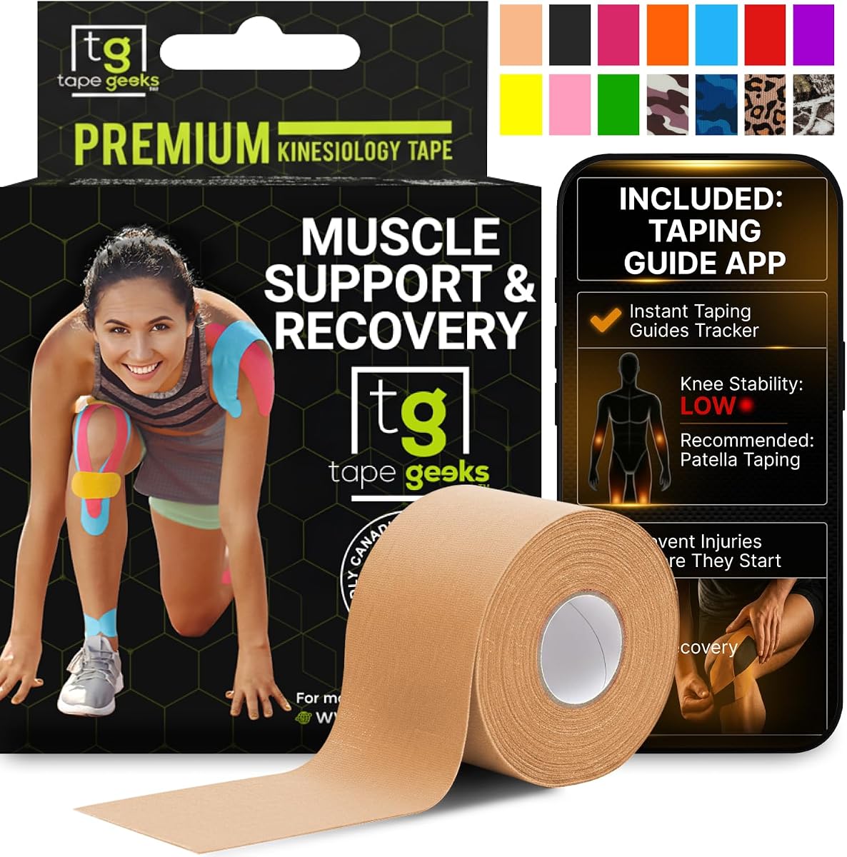 TapeGeeks Kinesiology Tape – Waterproof & Hypoallergenic Sports Tape for Sensitive Skin – Strong Adhesive, Latex-Free – Athletic Muscle Support for Knee, Shoulder, Back, Ankle